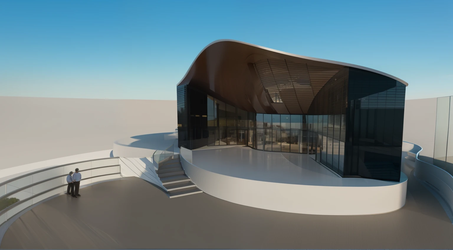 a rendering of a curved building with a ramp and a ramp, rounded roof, front-view, pre-rendered, rendered 3d model, vue 3d render, conceptual rendering, 3 d rendered, 3d rendered, 3d rendered model, highly rendered!!, with 3 d render, with 3d render, detail render, architectural concept, highly rendered. Trees around. Band on stage. Indirect lighting