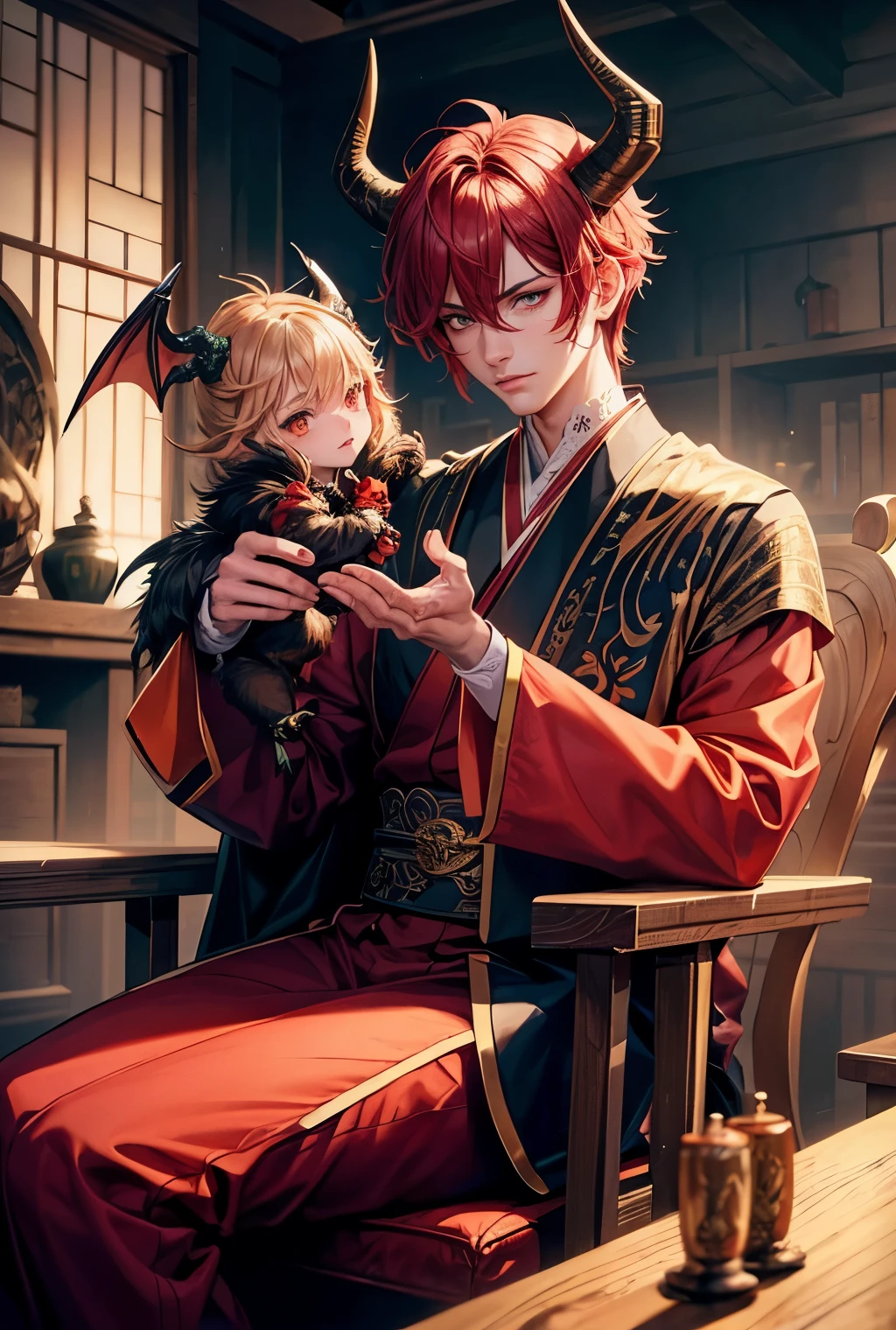 a man sitting in a chair with a dragon on his shoulder,red hair, Maccarone eyes, horns, handsome guy in demon slayer art, beautiful androgynous prince, human and dragon fusion, handsome japanese demon boy, delicate androgynous prince, two big dragon in background