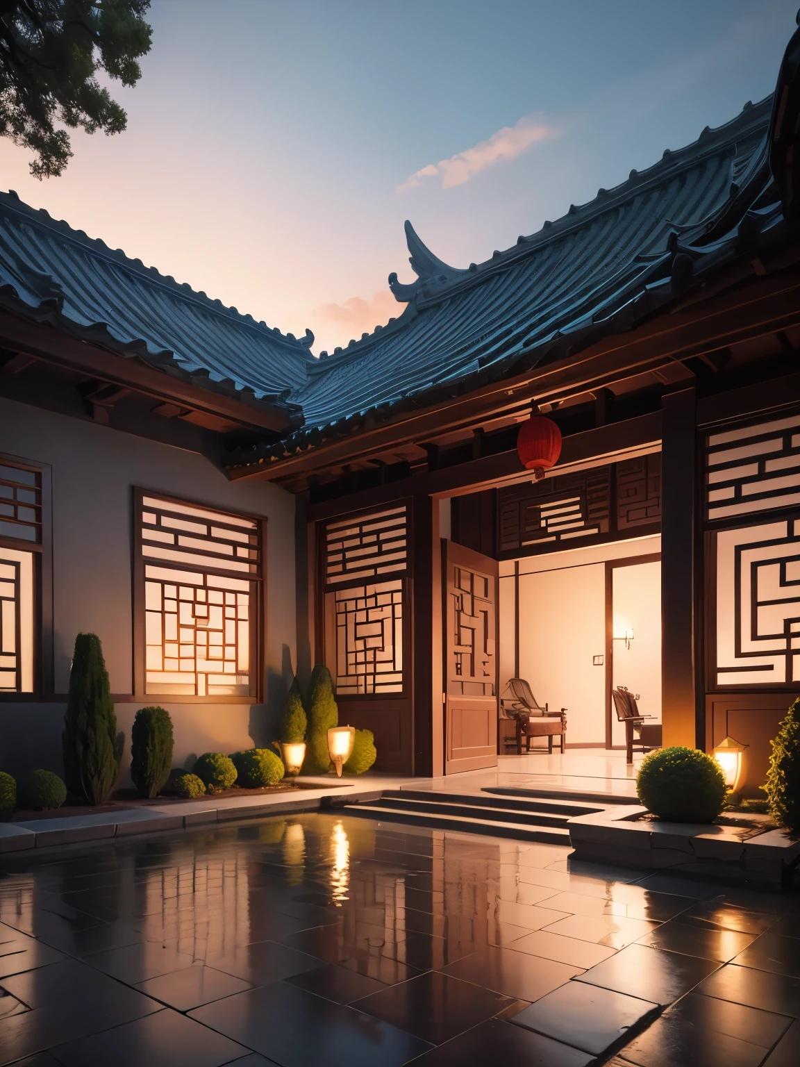 A courtyard, Chinese style, realism, luxury, single-family villa garden, evening scenery, sky clouds sunset, excellent picture quality, 8k ultra high definition