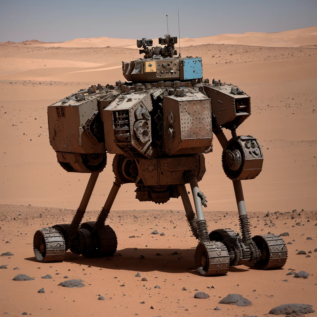 On the desert of Mars, an abandoned Russian exploration mech lies pitted and broken, long ago defeated it is hollow, a mere skeleton of a war machine