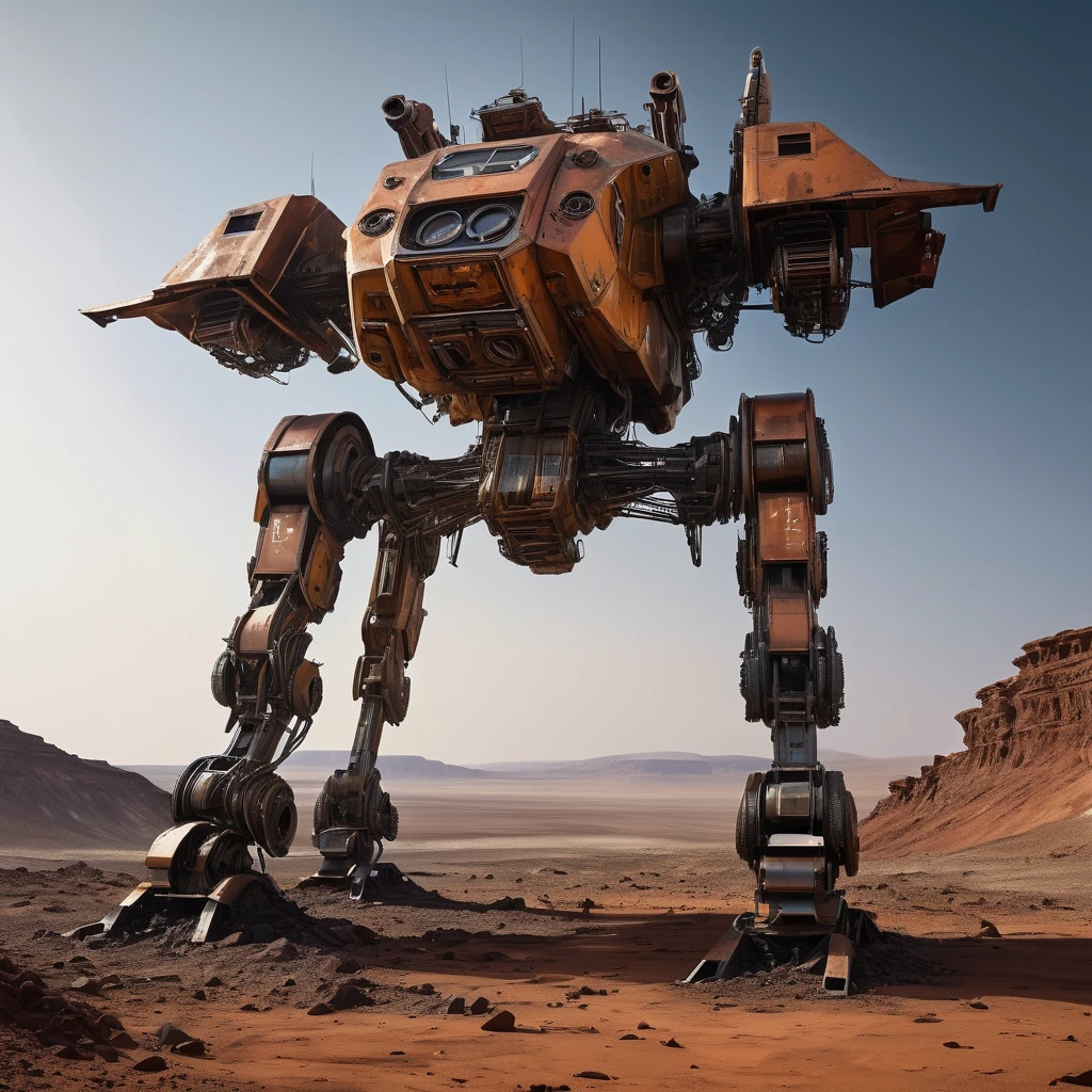 In the deserted Martian landscape, an abandoned Russian exploration mech stands silently, its metallic exterior worn and battered by the passage of time. Once a formidable war machine, it now lies defeated, its inner workings exposed, resembling nothing more than a hollow skeleton. The remnants of battles past cling to its surface, giving a glimpse of the fierce conflicts it once engaged in.
The mech's steel frame, rusted and corroded, tells the story of countless adventures and arduous journeys through the unforgiving Martian terrain. The intricate details of its design are still visible, showcasing the impressive craftsmanship that went into its creation. The faded insignia of the Russian space agency serves as a reminder of the machine's origins and the missions it once embarked on.
The red Martian sand stretches endlessly around the mech, with swirling dust devils dancing in the distance. The barren desert landscape amplifies the feeling of desolation and isolation, emphasizing the solitude of this forgotten war machine. The reddish hue of the sand creates a striking contrast against the muted grays and blues of the mech, adding a touch of otherworldly beauty to the scene.
As the Martian sun sets on the horizon, casting an ethereal glow upon the landscape, the abandoned mech is bathed in a warm, golden light. The play of shadows and highlights accentuates the jagged edges and curves of the mech's structure, lending it an aura of mystery and intrigue. The gentle breeze of the Martian evening whispers through its empty corridors, carrying the echoes of battles long fought.
With the highest image quality (best quality, 4k, 8k, highres, masterpiece:1.2), the details of the mech come to life with astonishing clarity and precision. Every scratch, every dent, and every exposed wire is rendered with ultra-detailed precision, capturing the true essence of this forsaken war machine. The photorealistic rendering brings a sense of realism, making it seem as though the m