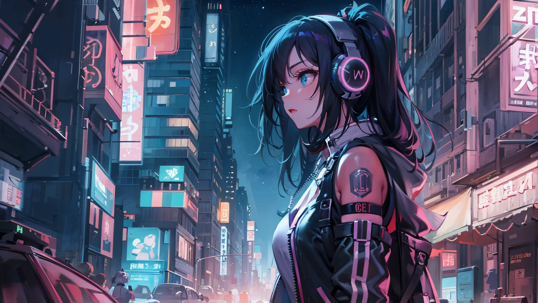 masterpiece,Anime-style illustration showing a young woman in her 20s wearing a futuristic plunging costume, facing right, Standing in the middle of the street in a cyberpunk nightlife district. she has long pinkish black hair、Wearing pink glowing headphones. big breasts、She&#39;s still looking up at the starry sky, But her gaze and body are turned to the right side of the frame. The scene should be lively, Reflecting a cyberpunk aesthetic, Neon lights and futuristic buildings surround her. The hustle and bustle of the city continues, But she&#39;s at peace in the chaos, Immerse yourself in the sights and sounds of the night. In the image、The quiet sky above and the vibrant urban environment must be captured。, highlight her new direction.
