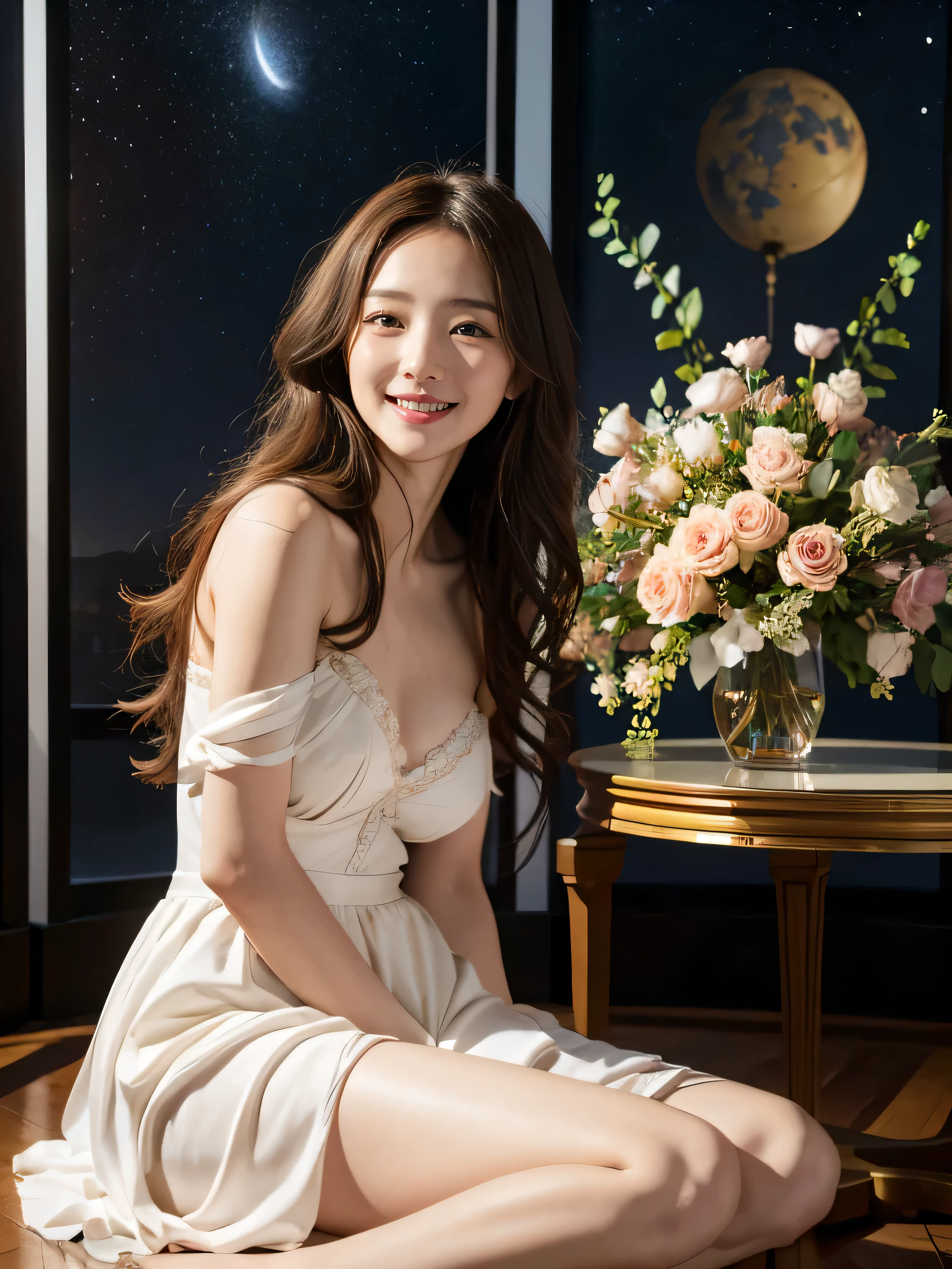 full body portrait or statue、Stained glass、12 constellations、Vigée Leblanc style、math、astronomical machine、astronaut、roses in vase、fruit、Cute trinkets、smile、ancient greek costume、Sandro Botticelli paintings、Costume that stretches your shoulders、A big smile、expression of ecstasy、sexy、beautiful bare skin、Detailed representation of the seducing woman throughout the body
