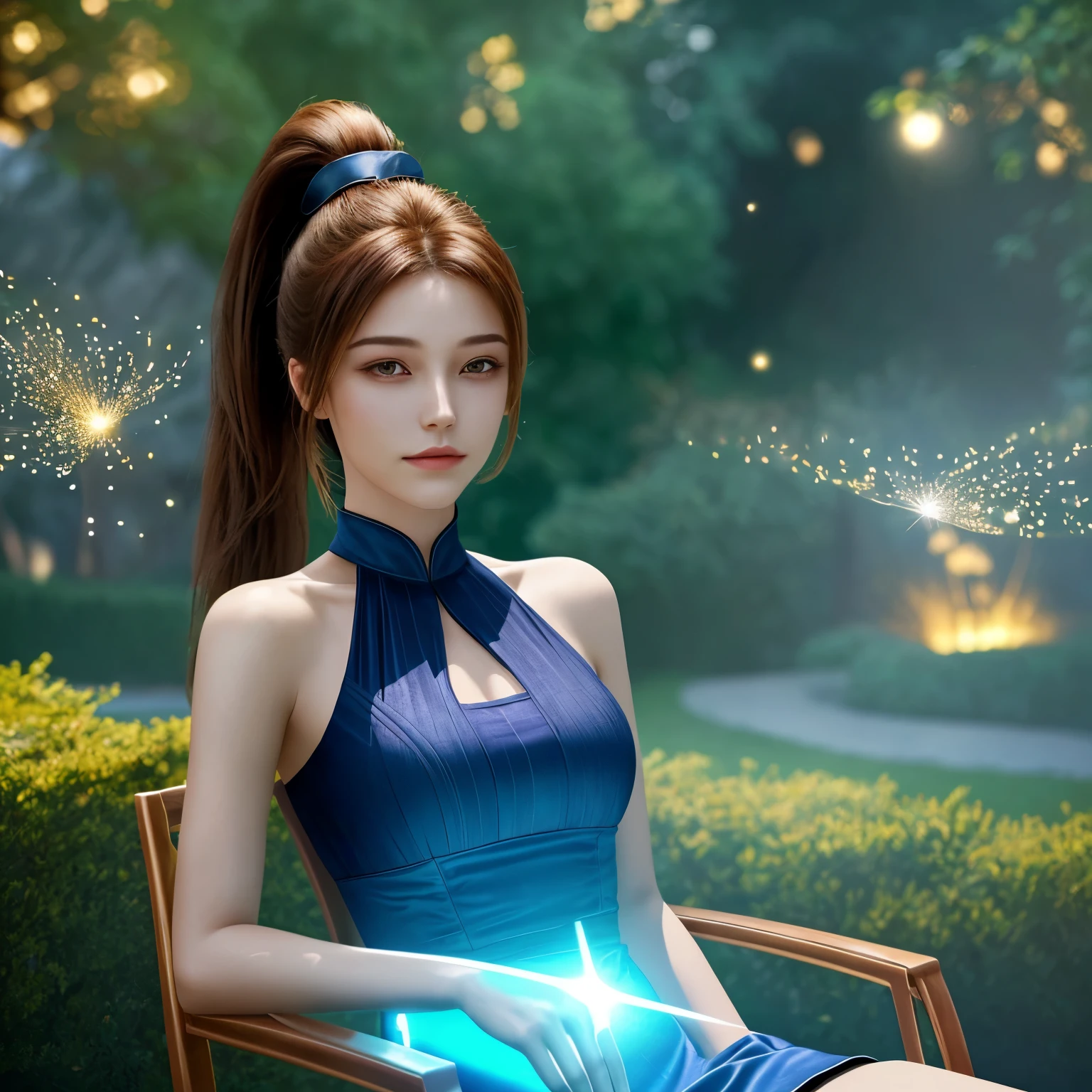 A beautiful woman with a ponytail, Lying on the chair, The background is the garden, dream, HD, Particle light effects.