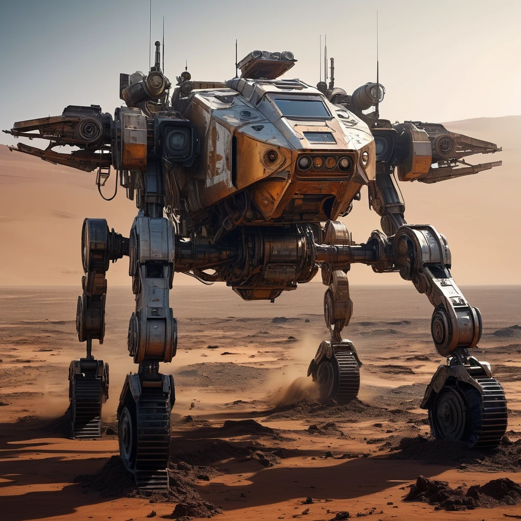 In the deserted Martian landscape, an abandoned Russian exploration mech stands silently, its metallic exterior worn and battered by the passage of time. Once a formidable war machine, it now lies defeated, its inner workings exposed, resembling nothing more than a hollow skeleton. The remnants of battles past cling to its surface, giving a glimpse of the fierce conflicts it once engaged in. The mech's steel frame, rusted and corroded, tells the story of countless adventures and arduous journeys through the unforgiving Martian terrain. The intricate details of its design are still visible, showcasing the impressive craftsmanship that went into its creation. The faded insignia of the Russian space agency serves as a reminder of the machine's origins and the missions it once embarked on. The red Martian sand stretches endlessly around the mech, with swirling dust devils dancing in the distance. The barren desert landscape amplifies the feeling of desolation and isolation, emphasizing the solitude of this forgotten war machine. The reddish hue of the sand creates a striking contrast against the muted grays and blues of the mech, adding a touch of otherworldly beauty to the scene. As the Martian sun sets on the horizon, casting an ethereal glow upon the landscape, the abandoned mech is bathed in a warm, golden light. The play of shadows and highlights accentuates the jagged edges and curves of the mech's structure, lending it an aura of mystery and intrigue. The gentle breeze of the Martian evening whispers through its empty corridors, carrying the echoes of battles long fought. With the highest image quality (best quality, 4k, 8k, highres, masterpiece:1.2), the details of the mech come to life with astonishing clarity and precision. Every scratch, every dent, and every exposed wire is rendered with ultra-detailed precision, capturing the true essence of this forsaken war machine. The photorealistic rendering brings a sense of realism, making it seem as though the m