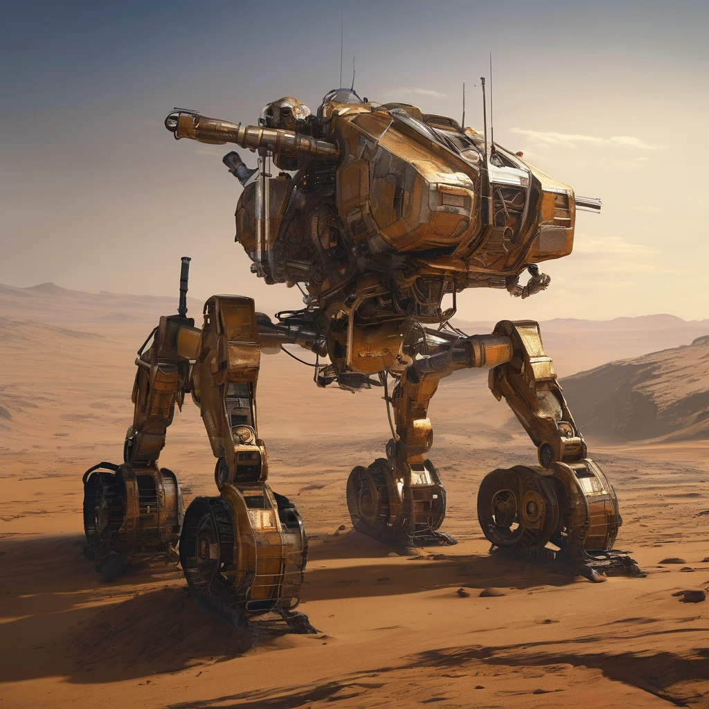 In the deserted Martian landscape, an abandoned Russian exploration mech stands silently, its metallic exterior worn and battered by the passage of time. Once a formidable war machine, it now lies defeated, its inner workings exposed, resembling nothing more than a hollow skeleton. The remnants of battles past cling to its surface, giving a glimpse of the fierce conflicts it once engaged in. The mech's steel frame, rusted and corroded, tells the story of countless adventures and arduous journeys through the unforgiving Martian terrain. The intricate details of its design are still visible, showcasing the impressive craftsmanship that went into its creation. The faded insignia of the Russian space agency serves as a reminder of the machine's origins and the missions it once embarked on. The red Martian sand stretches endlessly around the mech, with swirling dust devils dancing in the distance. The barren desert landscape amplifies the feeling of desolation and isolation, emphasizing the solitude of this forgotten war machine. The reddish hue of the sand creates a striking contrast against the muted grays and blues of the mech, adding a touch of otherworldly beauty to the scene. As the Martian sun sets on the horizon, casting an ethereal glow upon the landscape, the abandoned mech is bathed in a warm, golden light. The play of shadows and highlights accentuates the jagged edges and curves of the mech's structure, lending it an aura of mystery and intrigue. The gentle breeze of the Martian evening whispers through its empty corridors, carrying the echoes of battles long fought. With the highest image quality (best quality, 4k, 8k, highres, masterpiece:1.2), the details of the mech come to life with astonishing clarity and precision. Every scratch, every dent, and every exposed wire is rendered with ultra-detailed precision, capturing the true essence of this forsaken war machine. The photorealistic rendering brings a sense of realism, making it seem as though the m