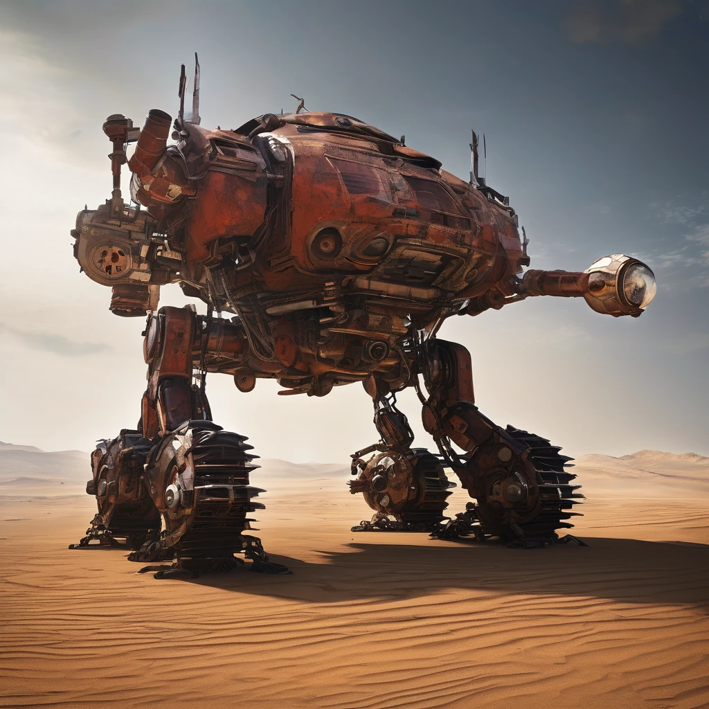 In the deserted Martian landscape, an abandoned Russian exploration mech stands silently, its metallic exterior worn and battered by the passage of time. Once a formidable war machine, it now lies defeated, its inner workings exposed, resembling nothing more than a hollow skeleton. The remnants of battles past cling to its surface, giving a glimpse of the fierce conflicts it once engaged in. The mech's steel frame, rusted and corroded, tells the story of countless adventures and arduous journeys through the unforgiving Martian terrain. The intricate details of its design are still visible, showcasing the impressive craftsmanship that went into its creation. The faded insignia of the Russian space agency serves as a reminder of the machine's origins and the missions it once embarked on. The red Martian sand stretches endlessly around the mech, with swirling dust devils dancing in the distance. The barren desert landscape amplifies the feeling of desolation and isolation, emphasizing the solitude of this forgotten war machine. The reddish hue of the sand creates a striking contrast against the muted grays and blues of the mech, adding a touch of otherworldly beauty to the scene. As the Martian sun sets on the horizon, casting an ethereal glow upon the landscape, the abandoned mech is bathed in a warm, golden light. The play of shadows and highlights accentuates the jagged edges and curves of the mech's structure, lending it an aura of mystery and intrigue. The gentle breeze of the Martian evening whispers through its empty corridors, carrying the echoes of battles long fought. With the highest image quality (best quality, 4k, 8k, highres, masterpiece:1.2), the details of the mech come to life with astonishing clarity and precision. Every scratch, every dent, and every exposed wire is rendered with ultra-detailed precision, capturing the true essence of this forsaken war machine. The photorealistic rendering brings a sense of realism, making it seem as though the m