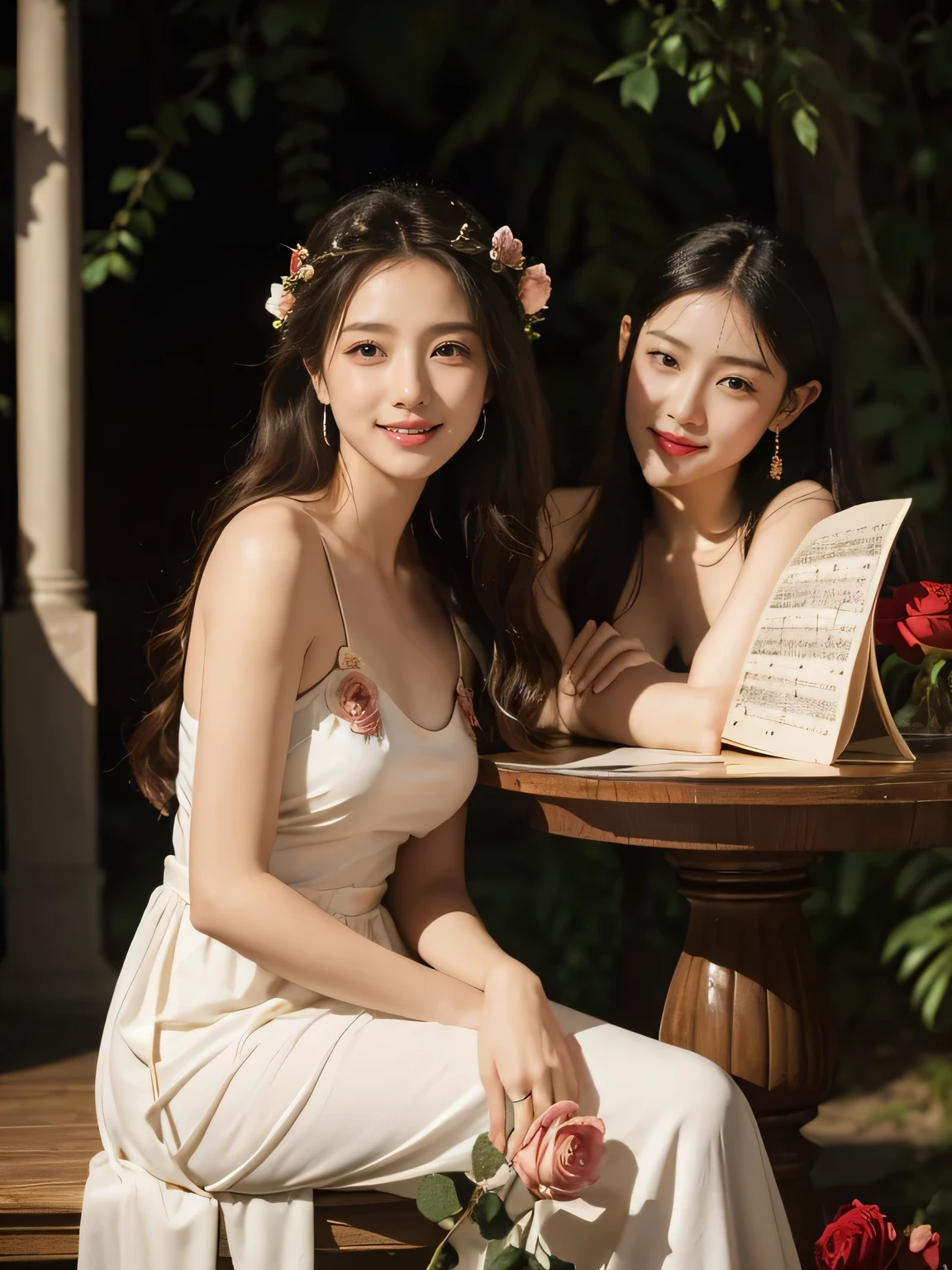 Giorgione painting style,Arguments of two female P、roses in vase、fruits、Cute trinkets、smile、ancient greek costume、Background is a forest lake at night 、Clothes that stretch your shoulders、A big smile、beautiful bare skin,Woman singing with sheet music