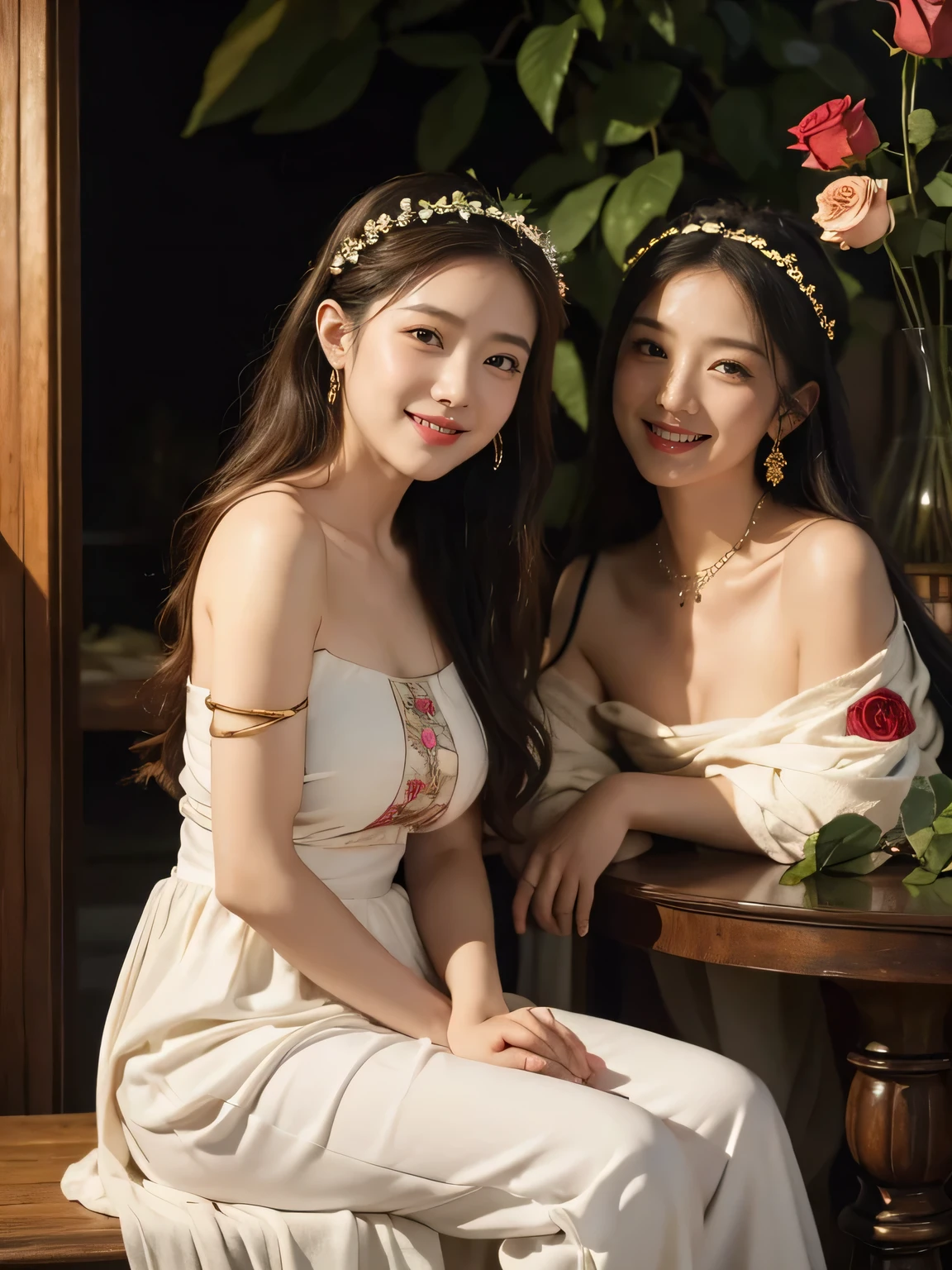 Giorgione painting style,Arguments of two female P、roses in vase、fruits、Cute trinkets、smile、ancient greek costume、Background is a forest lake at night 、Clothes that stretch your shoulders、A big smile、beautiful bare skin,Woman singing with sheet music