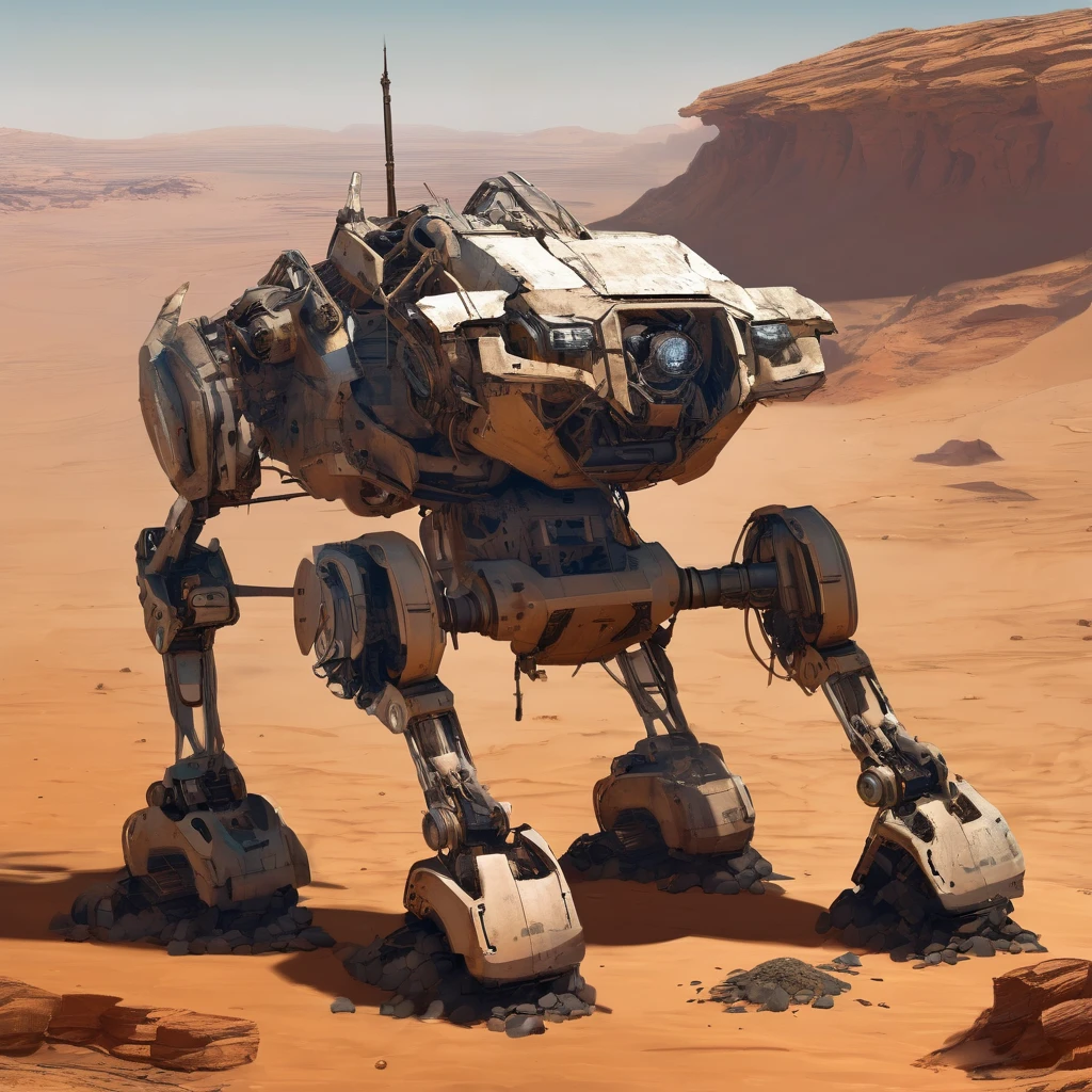 On the desert of Mars, an abandoned Russian exploration mech lies pitted and broken, long ago defeated it is hollow, a mere skeleton of a war machine