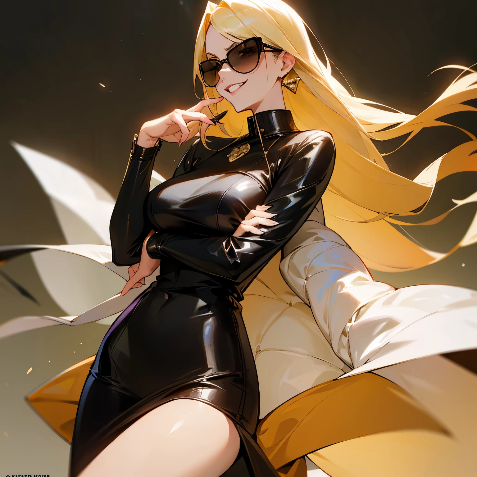 Blonde woman, femme fatale style, trophy wife,money hungry vibe, manga, leather clothing, luxury jewellery, luxury bags, evil grin, sunglasses