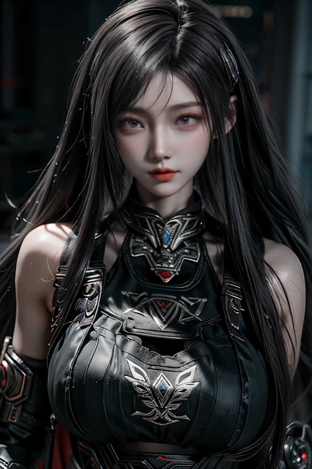 Masterpiece,Game art,The best picture quality,Highest resolution,8K,(Portrait),Unreal Engine 5 rendering works,(Digital Photography),((Portrait Feature:1.5)),
20 year old girl,Short hair details,With long bangs,(The red eye makeup is very meticulous),(With long gray hair:1.4),(Large, full breasts),Elegant and noble,Brave and charming,
(Future armor combined with the characteristics of ancient Chinese armor,Hollow design,Power Armor,The mysterious Eastern runes,A delicate dress pattern,A flash of magic),Warrior of the future,Cyberpunk figures,Background of war,
Movie lights，Ray tracing，Game CG，((3D Unreal Engine))，OC rendering reflection pattern