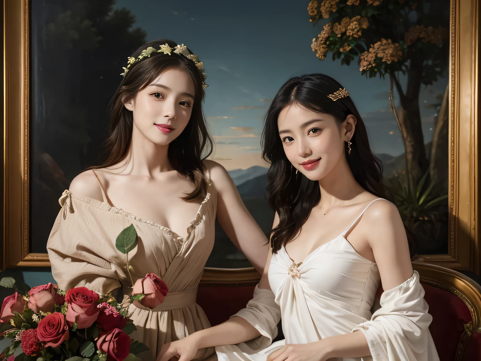 Jacques-Louis David painting style,Arguments of two female Philosophe,math、astronomical machine、astronaut、roses in vase、fruits、Cute trinkets、smile、ancient greek costume、Background is a forest lake at night 、Clothes that stretch your shoulders、A big smile、beautiful bare skin、A detailed representation of the seducing woman throughout her body.