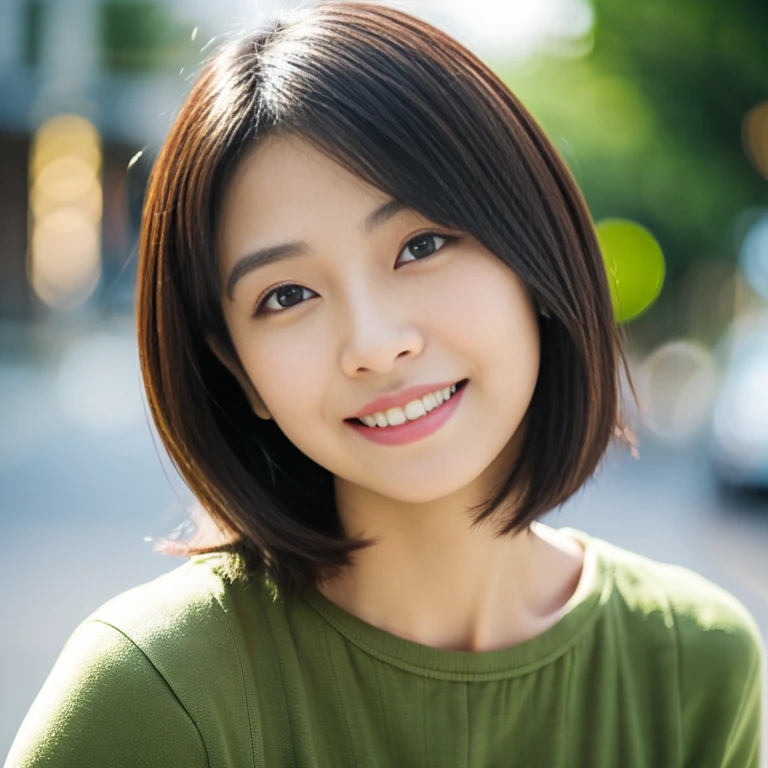 Portrait、8k、high quality、realistic photographic image、28 years old、japanese woman、Reproduces natural and realistic eyes、japanese stand、beautiful black hair、bob cut hair、light makeup、Octane firm、beautiful lighting、composition of golden ratio、laughter、everyday wear、casual clothes、natural background、blurred background、high level emotion、Pure Japanese humanity、beautiful wife、Upper body、light makeup、No makeup、 beauty、plain clothes、green、Plain color、casual clothes、slight smile、small black eyes、background bokeh
