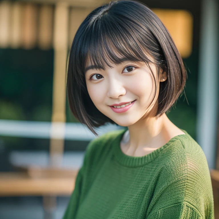 Portrait、8k、high quality、realistic photographic image、28 years old、japanese woman、Reproduces natural and realistic eyes、japanese stand、beautiful black hair、bob cut hair、light makeup、Octane firm、beautiful lighting、composition of golden ratio、laughter、everyday wear、casual clothes、natural background、blurred background、high level emotion、Pure Japanese humanity、beautiful wife、Upper body、light makeup、No makeup、 beauty、plain clothes、green、Plain color、casual clothes、slight smile、small black eyes、background bokeh