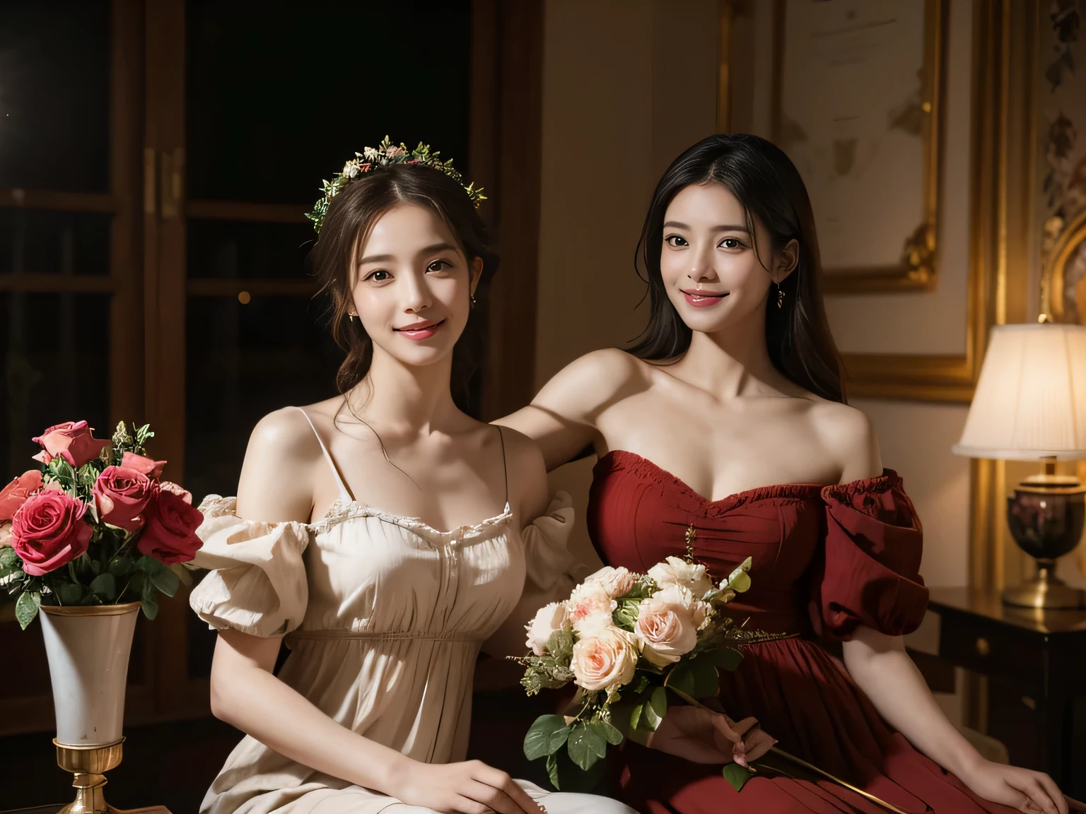 Jacques-Louis David painting style,Arguments of two female Philosophe,math、astronomical machine、astronaut、roses in vase、fruits、Cute trinkets、smile、ancient greek costume、Background is a forest lake at night 、Clothes that stretch your shoulders、A big smile、beautiful bare skin、A detailed representation of the seducing woman throughout her body.