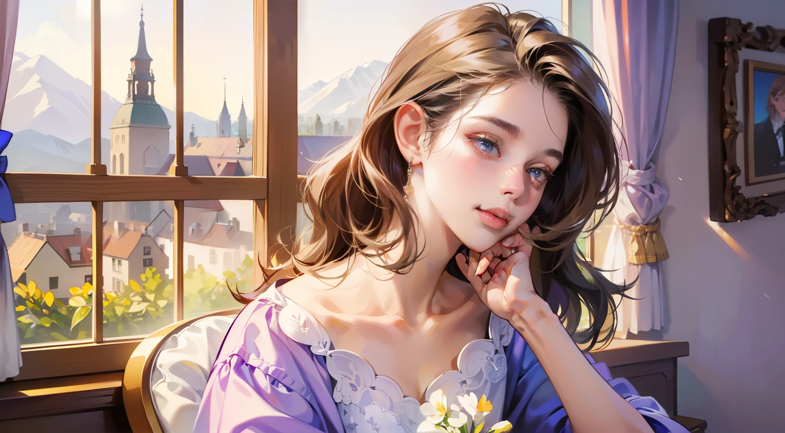 (higher resolution, clearly_image) best quality, a woman, masterpiece, Very detailed, semi-realistic, 21 years old, beautiful, young, Handsome, t-shirt, Lilac shirt, collar around neck, Internal, modern room, window, wake up, morning, blush, smiling