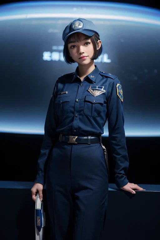 (masterpiece、highest quality、highest resolution、clear_image、Detailed details): (full body figure、15 year old girl、Japanese face、small face、thin、navy blue super short bob cut hair、blue colored eyes、cute type、gentle smile、soft expression、eye level shot、face directly、woman on a spaceship), (Female officer of the Earth Federation Forces.:1.5),(alone:1.5), (Wearing the uniform of the Earth Federation Forces:1.5),(federal employee wearing'hat of:1.5),