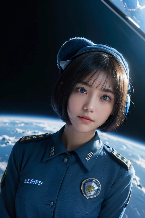 (masterpiece、highest quality、highest resolution、clear_image、Detailed details): (full body figure、15 year old girl、Japanese face、small face、thin、navy blue super short bob cut hair、blue colored eyes、cute type、gentle smile、soft expression、eye level shot、face directly、woman on a spaceship), (Female officer of the Earth Federation Forces.:1.5),(alone:1.5), (Wearing the uniform of the Earth Federation Forces:1.5),(federal employee wearing&#39;hat of:1.5), 