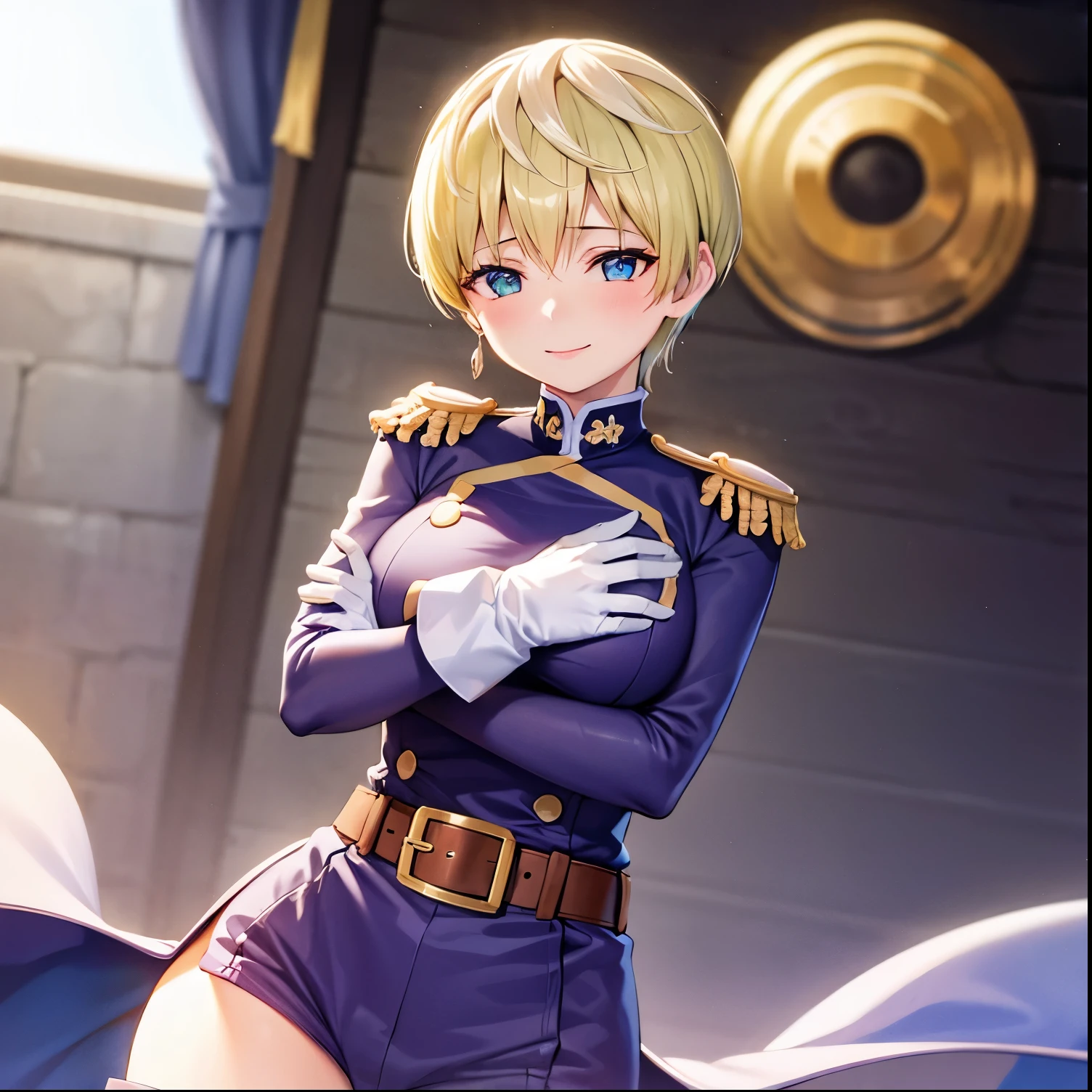 1girl,alone,tenka izumo,masterpiece, best quality, absurdres, perfect antomy, standing cowboy shot, Izumo Tenka,short hair, smile, blush, medium breasts, belt, black shorts, buttons, cape, earrings, epaulettes, gloves, military, military uniform, thigh boots, uniform, white gloves