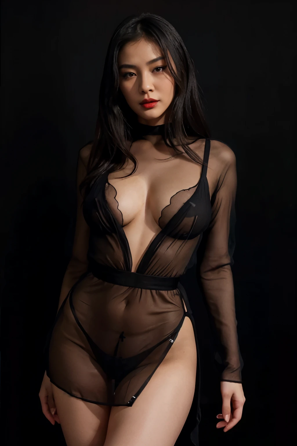 Asian girl, black transparent dress, see-through dress, black background, elegant dress, stylish dress, sexy, black background, red lipstick, plain black backdrop, large breasts, black background, erotic, sexy ,