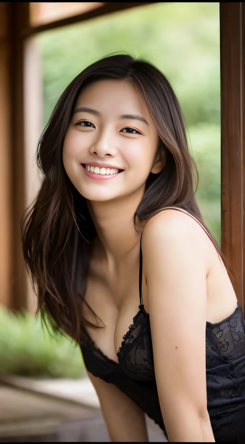 Japanese ),((beautiful girl)),cleavage,An expression that imagines something pleasant:1.2,(perfect body beauty:1.2),((perfect body)),(shy smile),beautiful teeth,