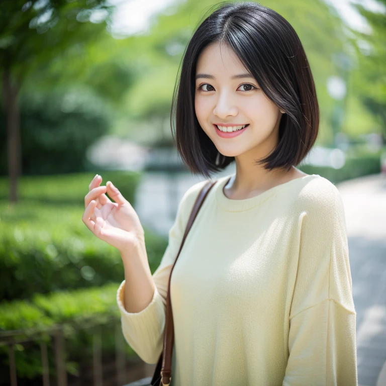 Portrait、8k、high quality、realistic photographic image、28 years old、japanese woman、Reproduces natural and realistic eyes、japanese stand、beautiful black hair、bob cut hair、light makeup、Octane firm、beautiful lighting、composition of golden ratio、laughter、everyday wear、casual clothes、natural background、blurred background、high level emotion、Pure Japanese humanity、beautiful wife、Upper body、light makeup、No makeup、 beauty、plain clothes、green、Plain color、casual clothes、slight smile、small black eyes、background bokeh