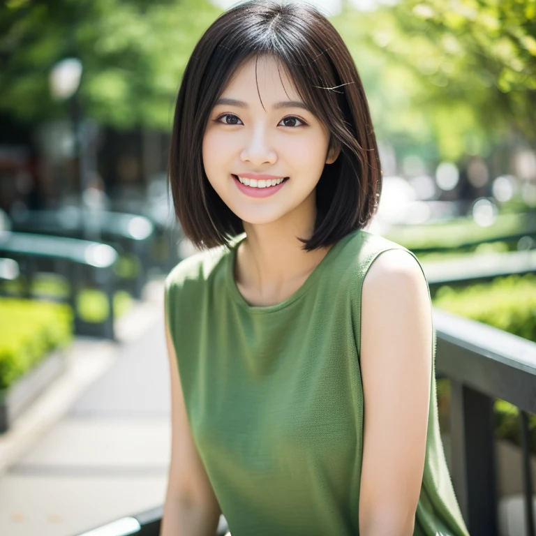 Portrait、8k、high quality、realistic photographic image、28 years old、japanese woman、Reproduces natural and realistic eyes、japanese stand、beautiful black hair、bob cut hair、light makeup、Octane firm、beautiful lighting、composition of golden ratio、laughter、everyday wear、casual clothes、natural background、blurred background、high level emotion、Pure Japanese humanity、beautiful wife、Upper body、light makeup、No makeup、 beauty、plain clothes、green、Plain color、casual clothes、slight smile、small black eyes、background bokeh