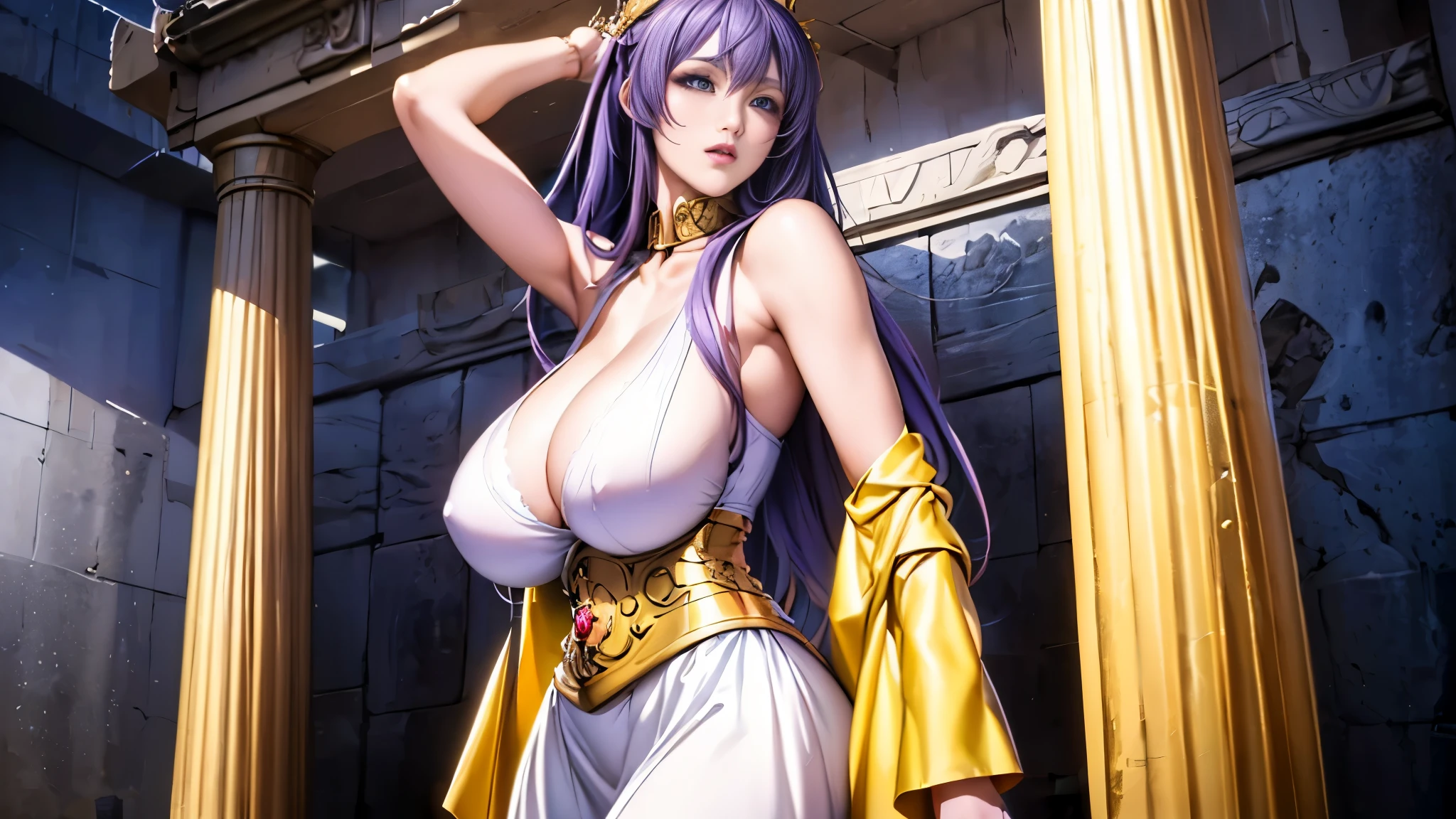 full body display,((Sasha, Greek temple,long purple hair, White dress with gold embroidery edges, golden collar, short skirt ,sleeveless, bare shoulders, clavicle, gold accessories, corset)), 1 girl, perfect asian goddess,detailed facial features,Stunning supreme beauty,solemn,(from below:1.3)(best quality, actual), fair skin and seductive eyes, full body display，1 girl, alone,(((asian goddess+huge breasts+Raised sexy+supermodel+long legs+delicate skin+perfect face))), (best quality at best+Ultra high quality+ masterpiece+precise+anatomically correct+Ultra-detailed+high detail+ high quality+Award-winning+high resolution+best quality+Award-winning+8k)，[[[[extra hands]]]]