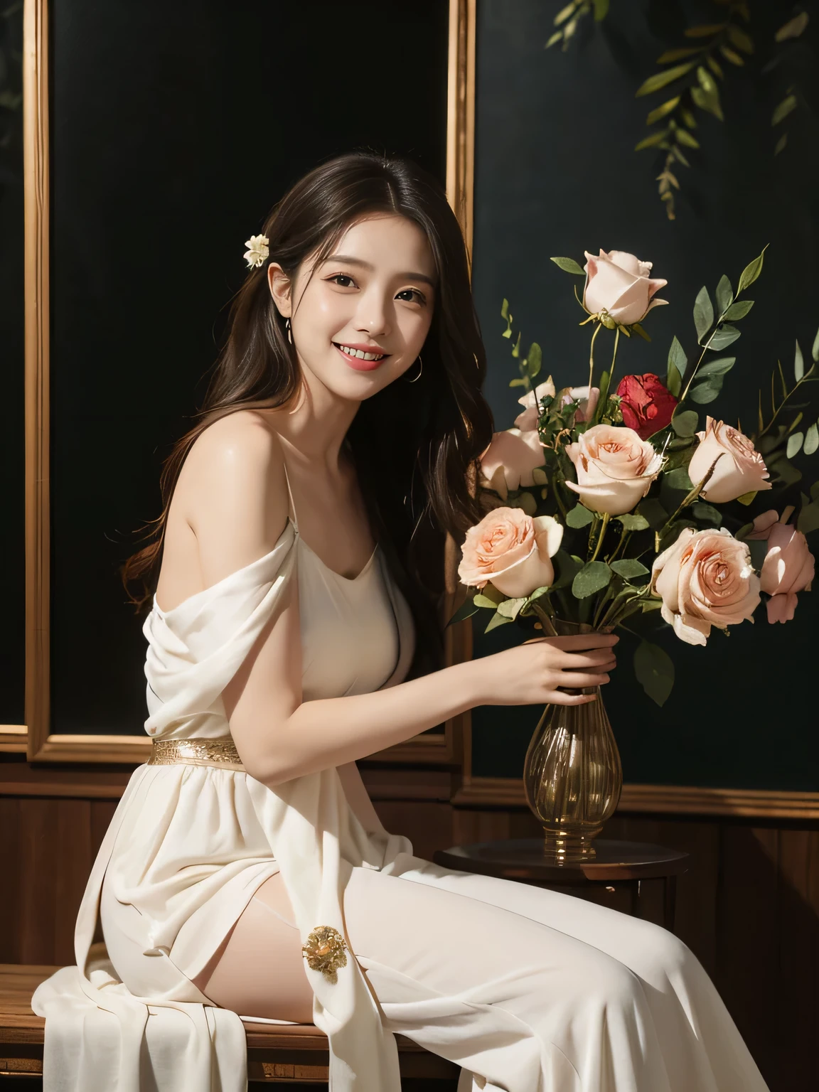 Giorgione painting style,Arguments of two female P、roses in vase、fruits、Cute trinkets、smile、ancient greek costume、Background is a forest lake at night 、Clothes that stretch your shoulders、A big smile、beautiful bare skin,Woman singing with sheet music