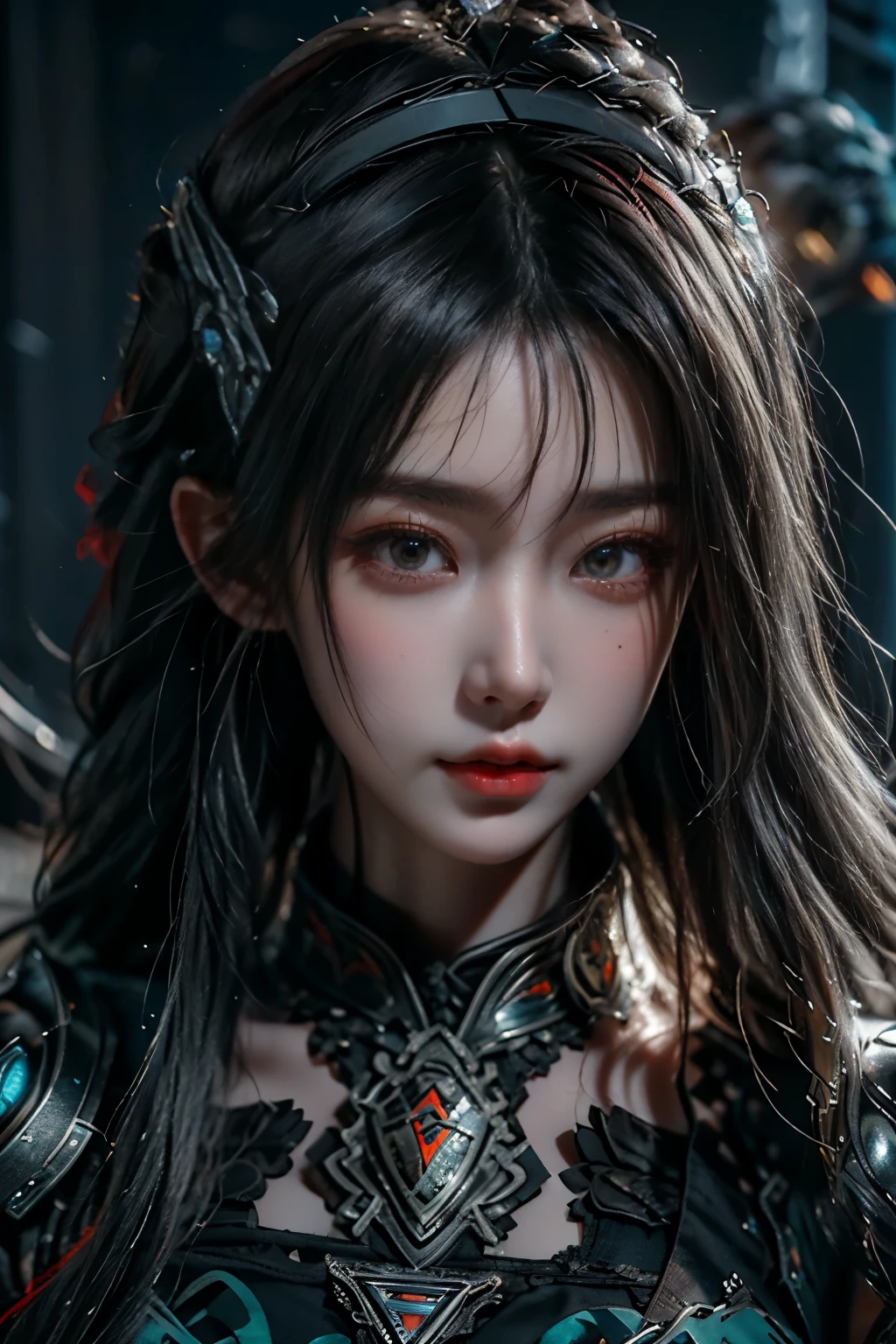 Masterpiece,Game art,The best picture quality,Highest resolution,8K,(Portrait),Unreal Engine 5 rendering works,(Digital Photography),((Portrait Feature:1.5)),
20 year old girl,Short hair details,With long bangs,(The red eye makeup is very meticulous),(With long gray hair:1.4),(Large, full breasts),Elegant and noble,Brave and charming,
(Future armor combined with the characteristics of ancient Chinese armor,Hollow design,Power Armor,The mysterious Eastern runes,A delicate dress pattern,A flash of magic),Warrior of the future,Cyberpunk figures,Background of war,
Movie lights，Ray tracing，Game CG，((3D Unreal Engine))，OC rendering reflection pattern