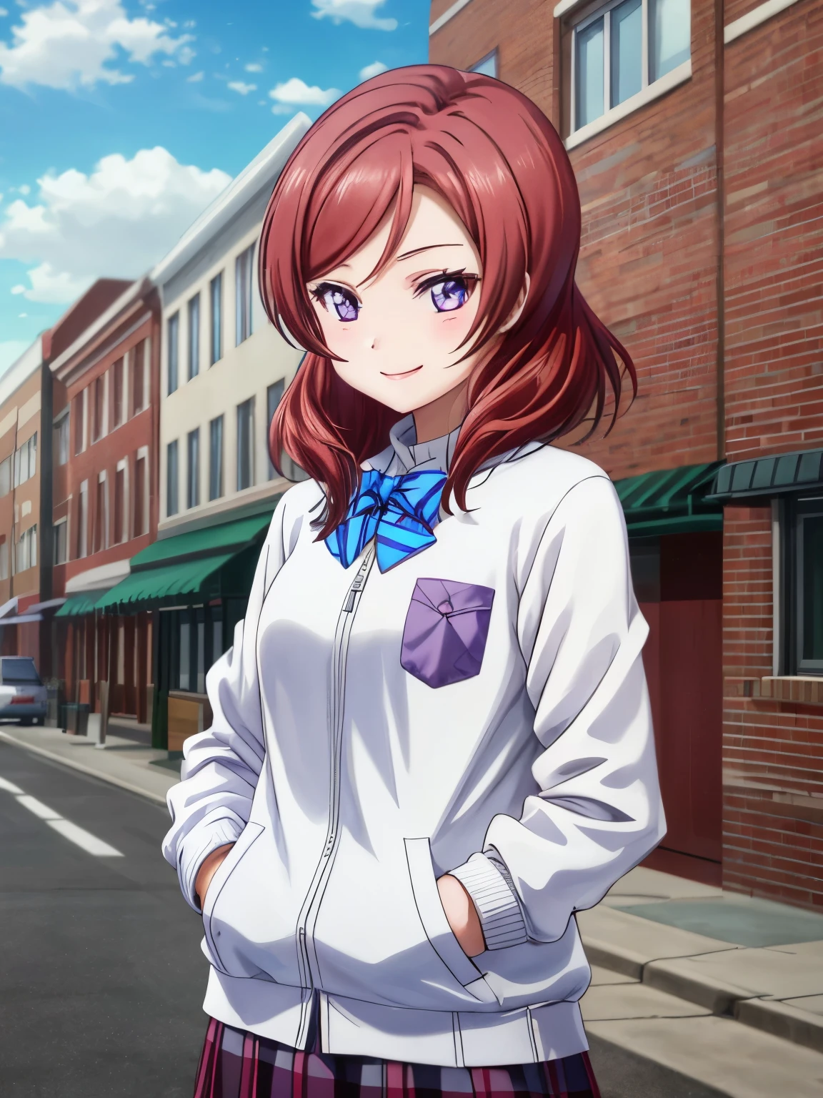 masterpiece, highest quality, High resolution, maki nishikino、white sweater, PurpleのJacket,closed mouth, long sleeve, black bow, skirt, cowboy shot, outdoors, street, Are standing, put one&#39;s hand in one&#39;s pocket,Jacket＿Purple、red colored hair、smile