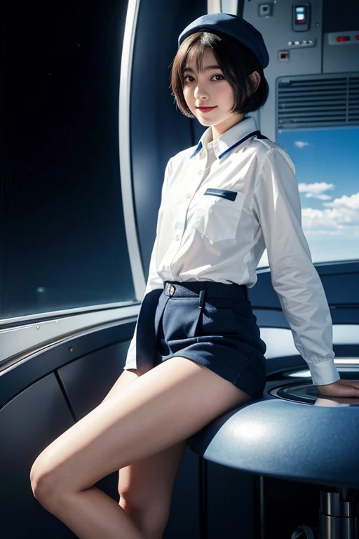 (masterpiece、highest quality、highest resolution、clear_image、Detailed details): (full body figure、15 year old girl、Japanese face、small face、thin、navy blue super short bob cut hair、blue colored eyes、cute、gentle smile、soft expression、eye level shot、face directly、woman on a spaceship),(alone), (Wearing the uniform of the Earth Federation Forces),(federal employee hat)
