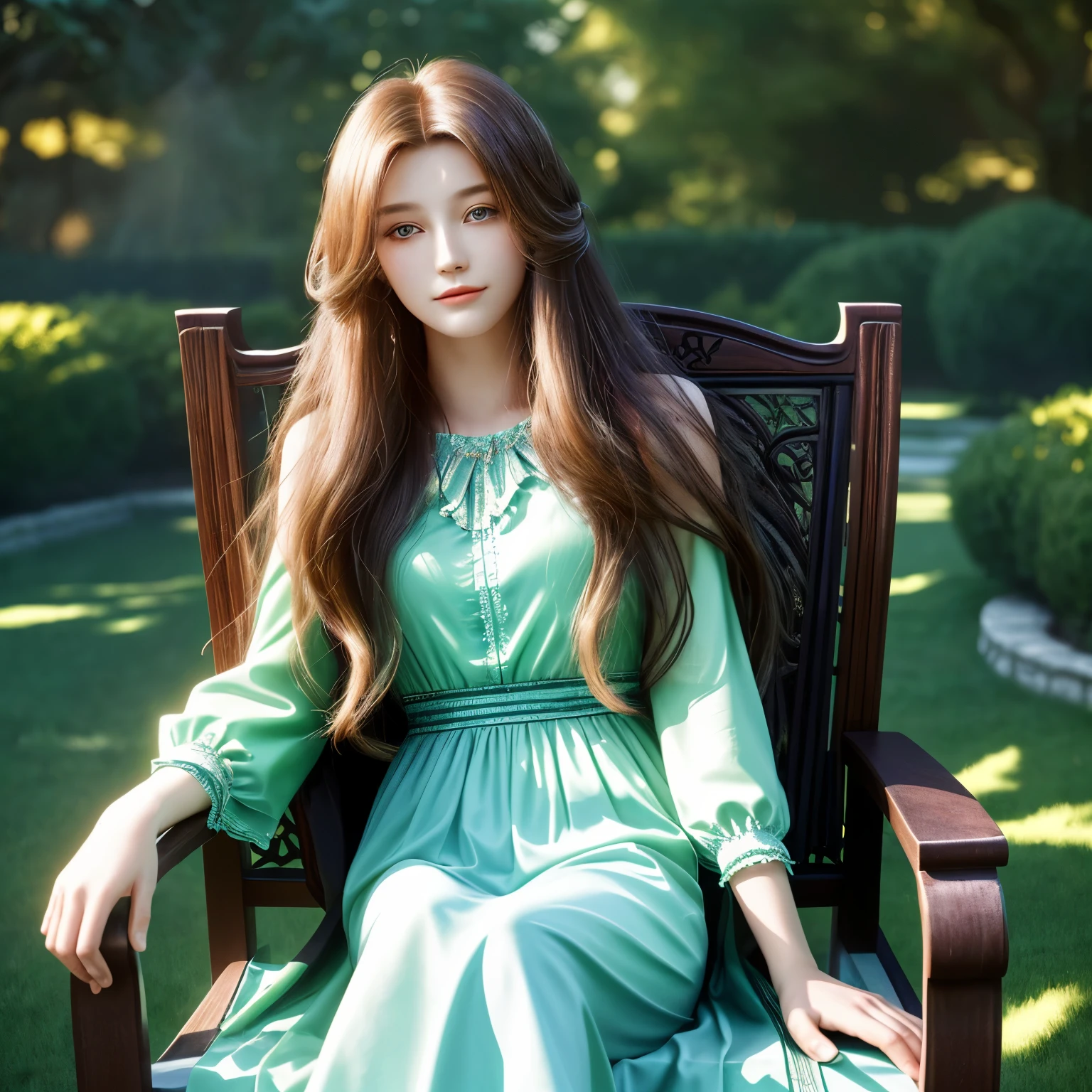 A long-haired beauty, Lying on the chair, The background is the garden, dream, HD, Particle light effects.