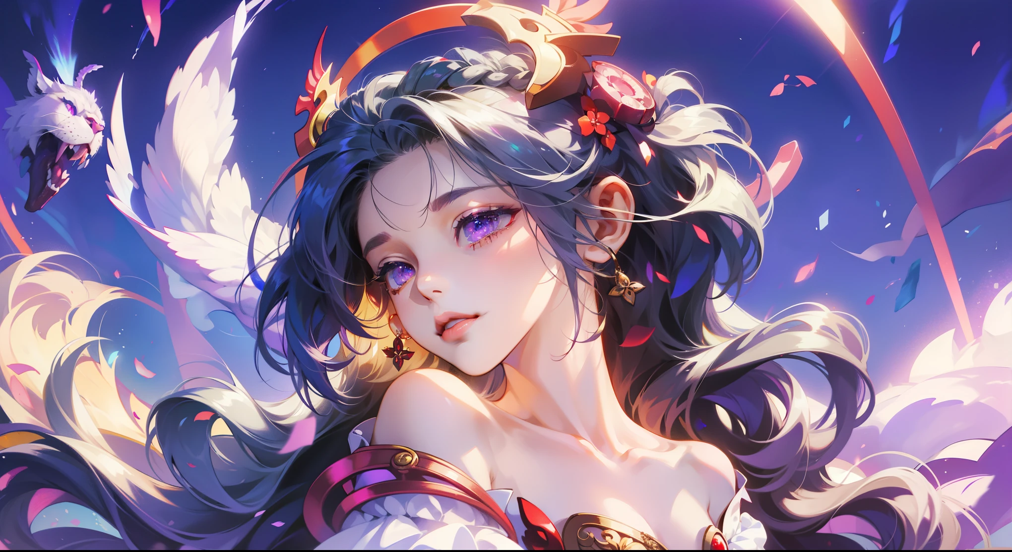 1 girl,high resolution, high quality, masterpiece, mxmk white dress, bare shoulders, purple eyes, white dress, braid,gold eye shadow,crimson pupils,
