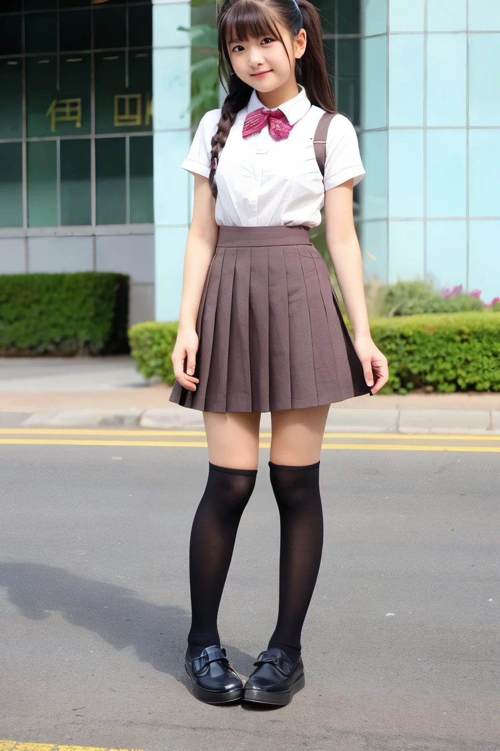 Baby-faced girl, ta, elementary school girl, fluttering skirt, skirt below the knee, long, full body, no bra, B cup