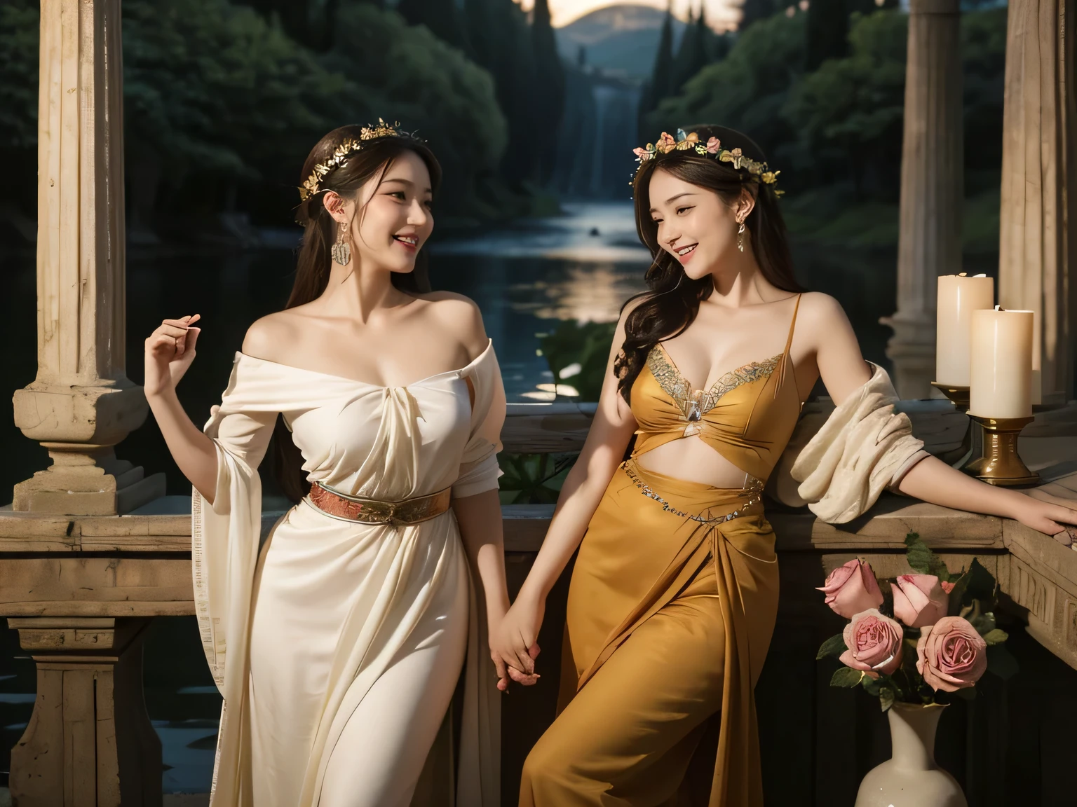 Giorgione painting style,Arguments of two female P、roses in vase、fruits、Cute trinkets、smile、ancient greek costume、Background is a forest lake at night 、Clothes that stretch your shoulders、A big smile、beautiful bare skin,Woman singing with sheet music