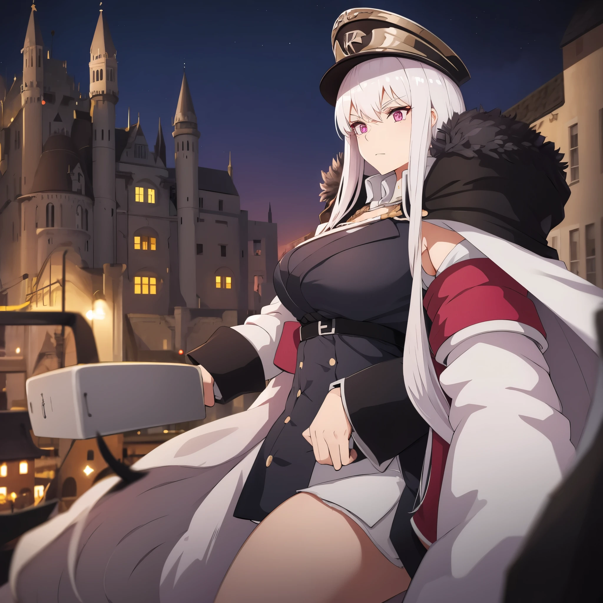 A woman with silver hair with faint purple tint, pink eyes, wearing dark gray and gold military uniform, large breasts, black military hat, outside a German castle at night
