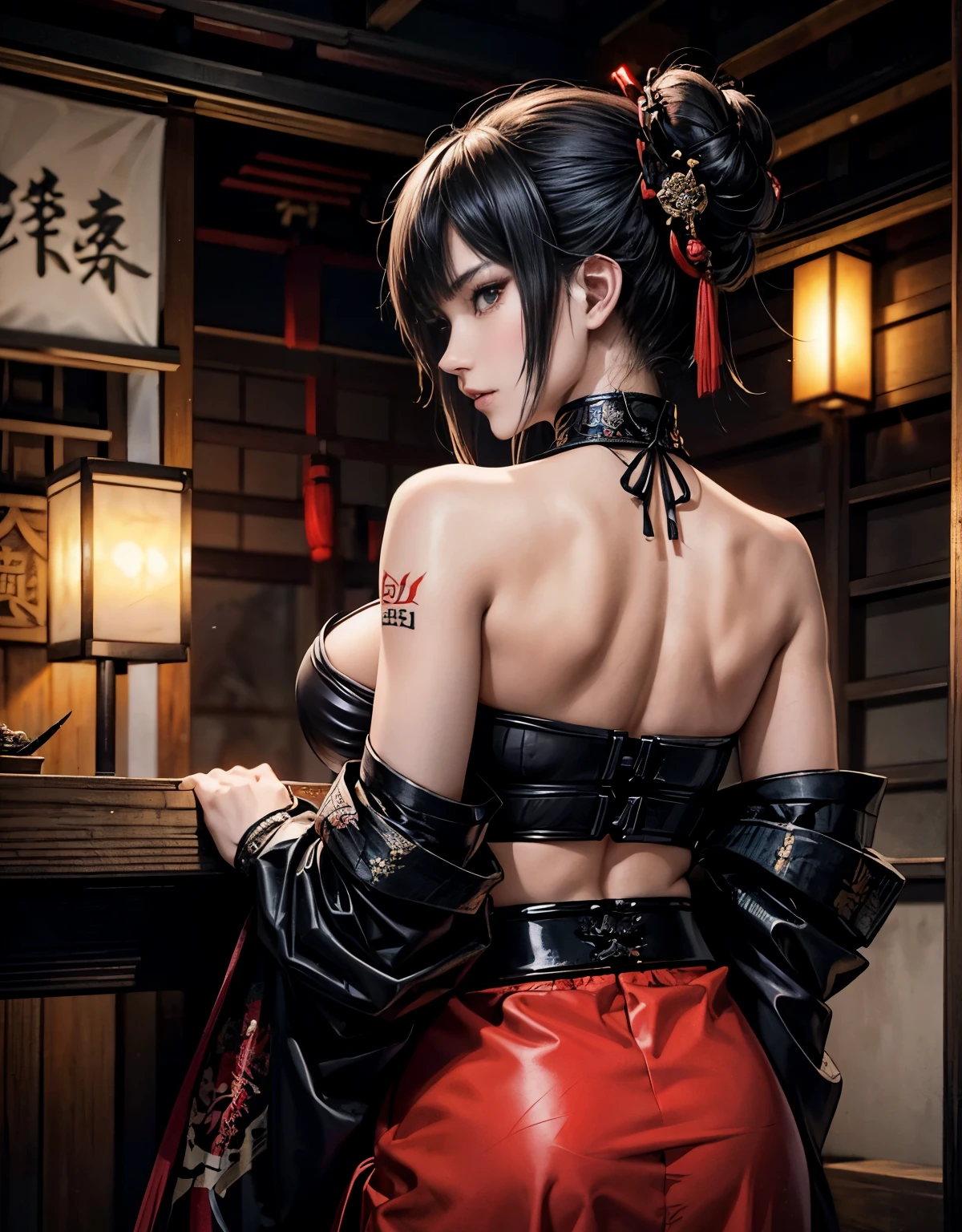 anime - style woman with a dragon tattoo on her back, inspired by Kanō Hōgai, very beautiful cyberpunk samurai, traditional japanese concept art, katanas strapped to her back, artwork in the style of guweiz, by Yang J, female samurai, japanese warrior, feudal japan art, katana, cyberpunk samurai, katana zero video game character