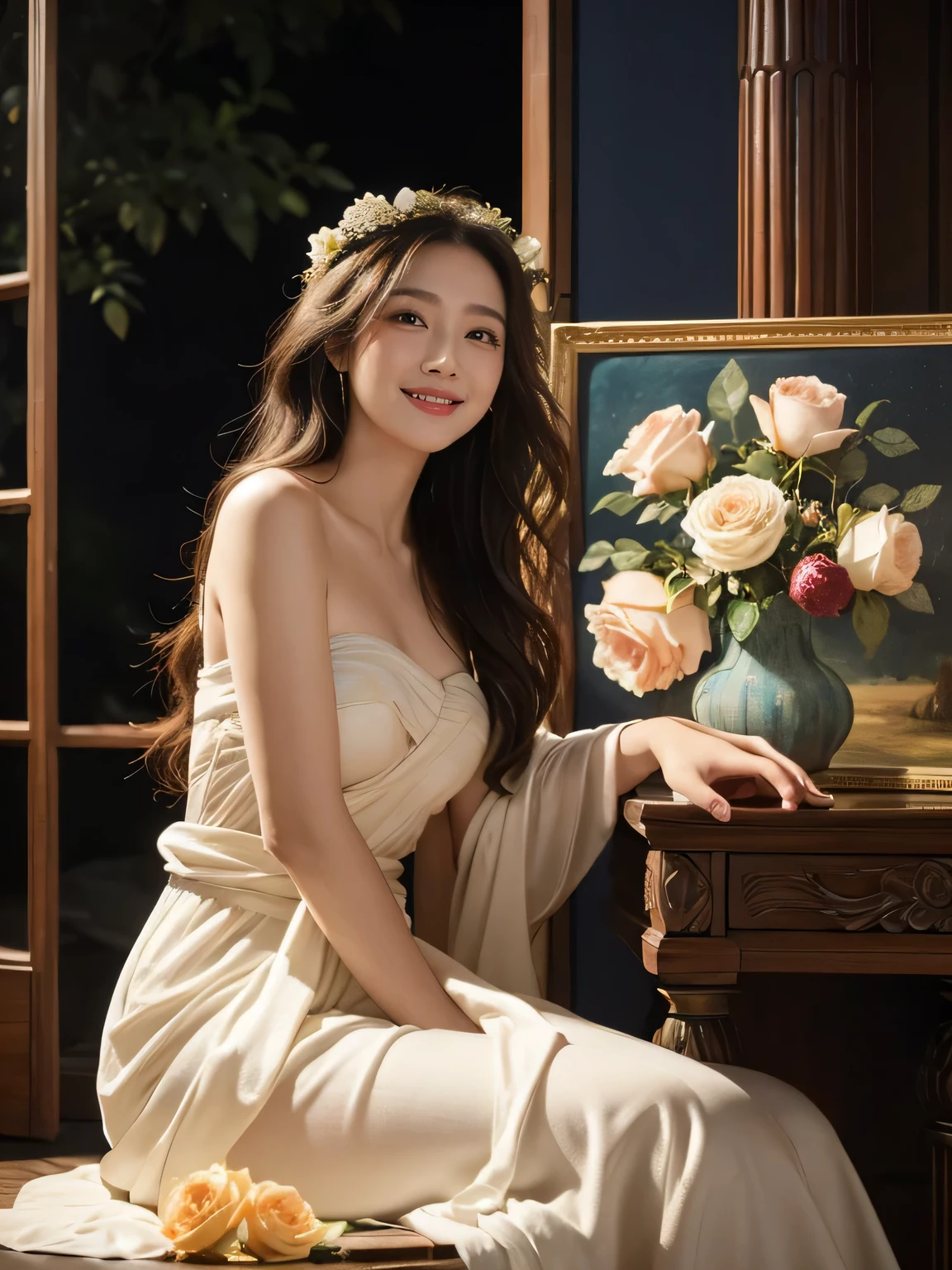 Giorgione painting style,Arguments of two female P、roses in vase、fruits、Cute trinkets、smile、ancient greek costume、Background is a forest lake at night 、Clothes that stretch your shoulders、A big smile、beautiful bare skin,Woman singing with sheet music