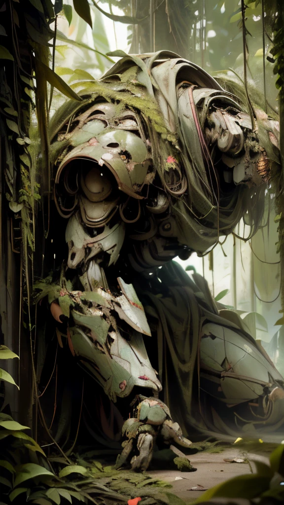 Masterpiece, (damaged Gundam robot:1), fallen, heart of dense jungle, once gleaming metallic surface, now disguised by vines, greenery, ultra high-resolution, RAW photo, every intricate detail, scratches on armor, weathered expressions, full body sight, plants sprouting from shoulders, chest, back, surreal presence, organic and mechanical blend, highest quality, realistic imagery.
In the depths of the Amazon rainforest, an ancient and weathered Gundam robot lies in ruin, its once proud and polished exterior now swallowed by the lush green foliage. The high-definition, RAW image reveals every nook