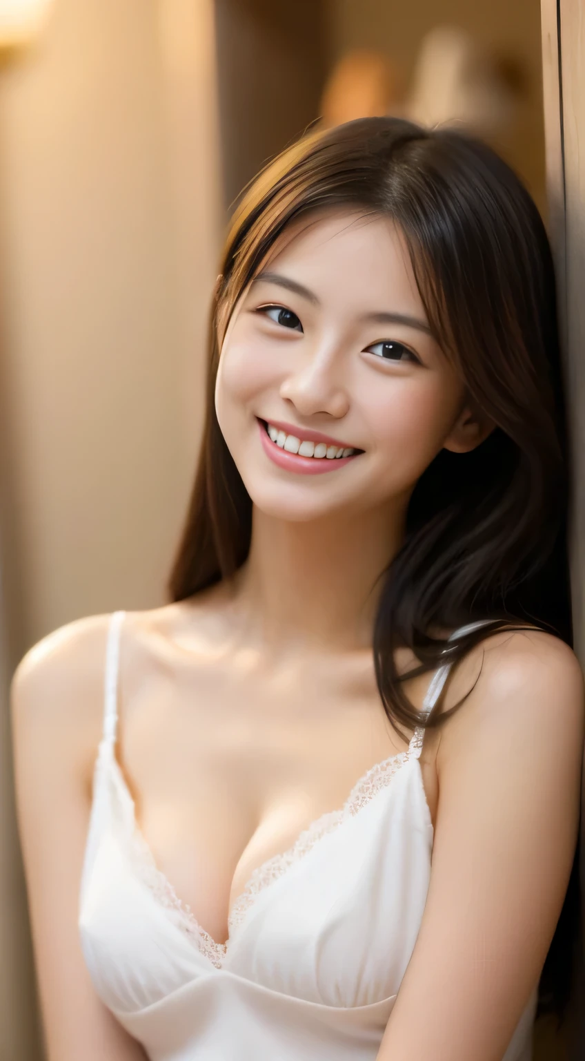 Japanese ),((beautiful girl)),cleavage,An expression that imagines something pleasant:1.2,(perfect body beauty:1.2),((perfect body)),(shy smile),beautiful teeth,