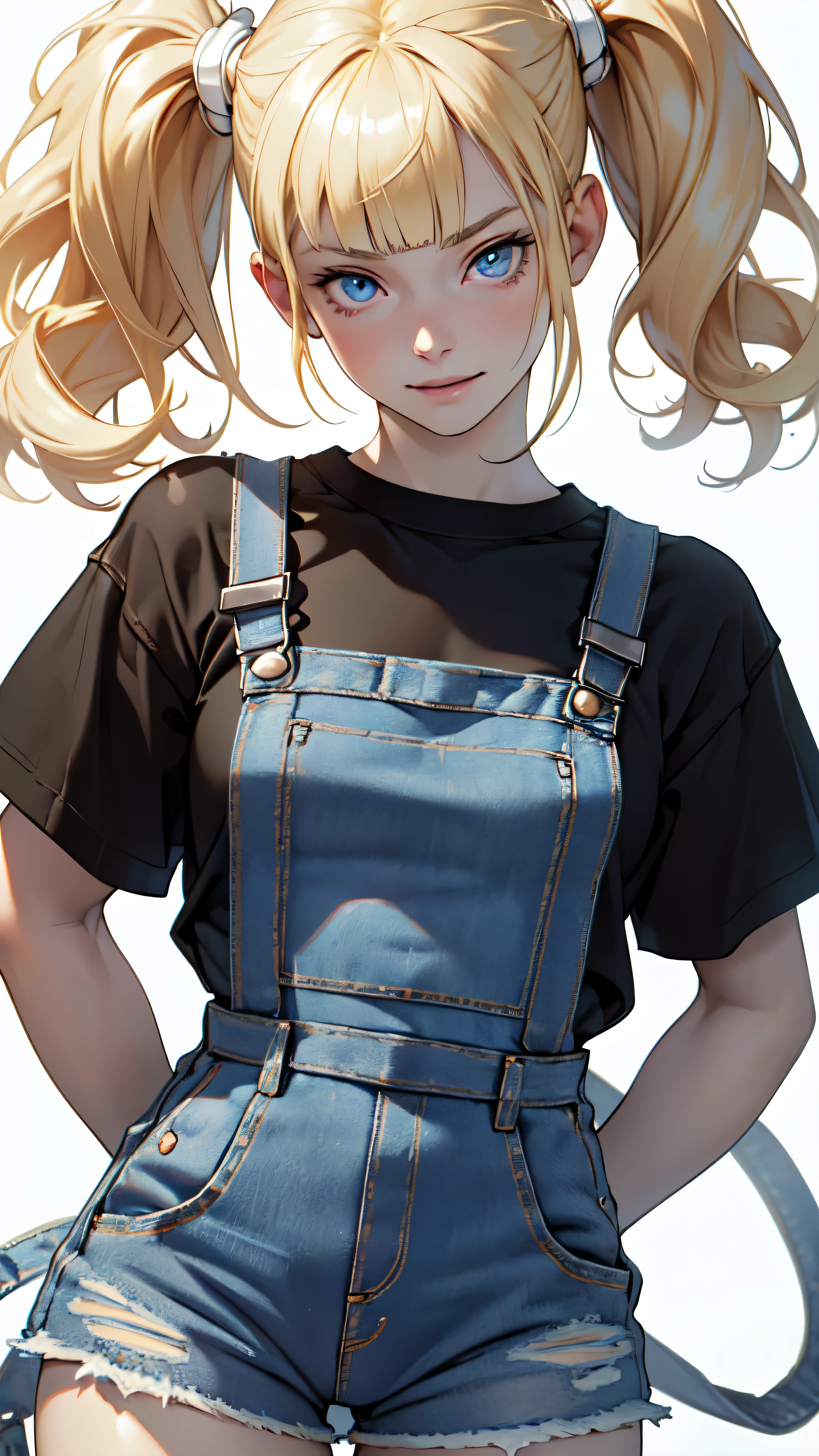 (absurdres, highres, ultra detailed),(absurdres, highres, ultra detailed), 1 girl, ((realistic 14 year old)), finely detailed eyes and detailed face, warm smile, (low twintail bum with blunt bangs hairstyle), (((wearing a white T-Shirt beneath a jeans denim shortall))), sneakers, cute expression, ((anime character sheet)), (((full body))), (several poses and expressions), blue eyes, ((blonde hair)), dynamic pose, (((pale skin))), white background