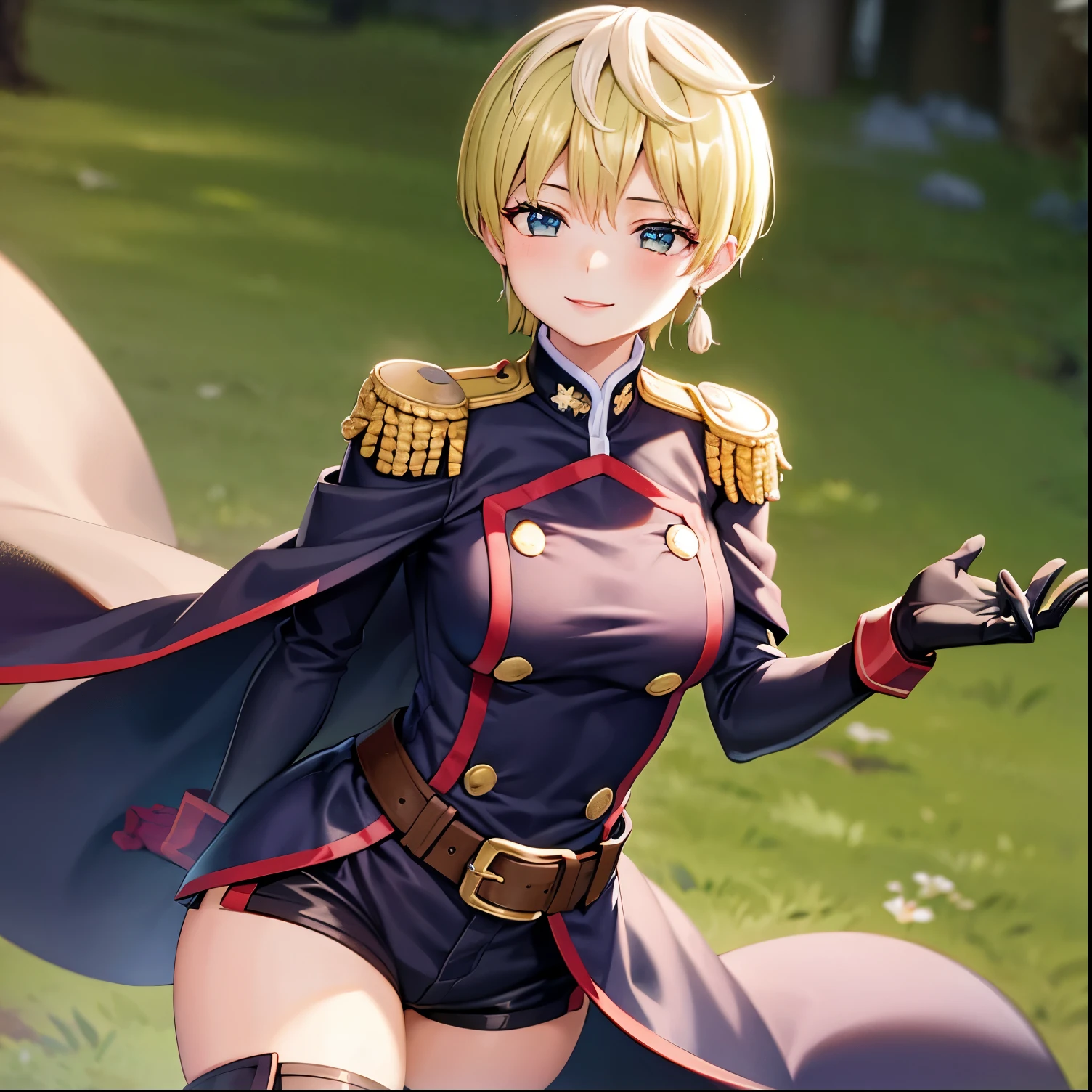 1girl,alone,tenka izumo,masterpiece, best quality, absurdres, perfect antomy, standing cowboy shot, Izumo Tenka,short hair, smile, blush, medium breasts, belt, black shorts, buttons, cape, earrings, epaulettes, gloves, military, military uniform, thigh boots, uniform, white gloves