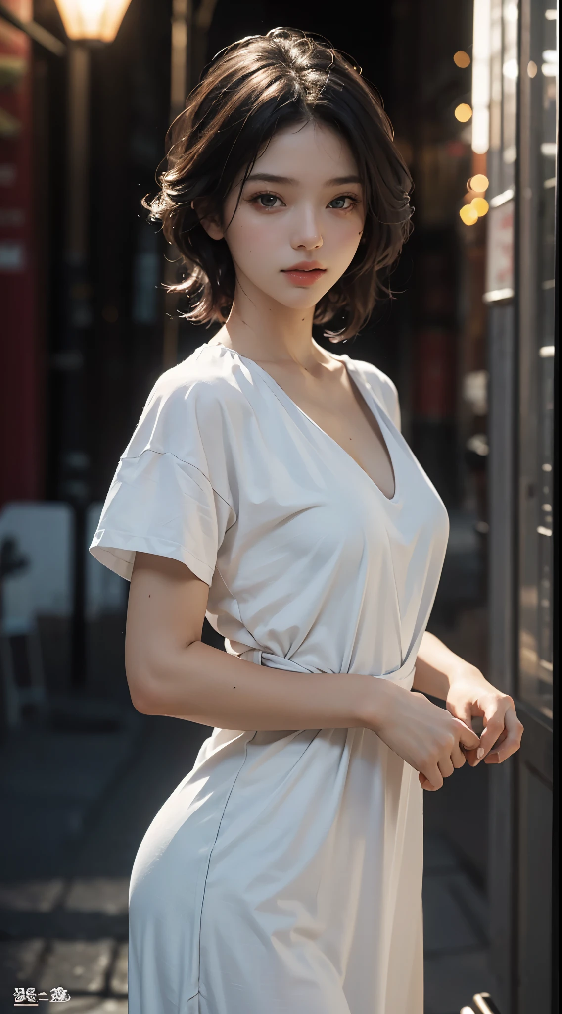 1 girl, Best quality, masterpiece, ultra high res, (photorealistic:1.4), raw photo, 1girl, white night gown, cinematic lighting, half body view, half body shot