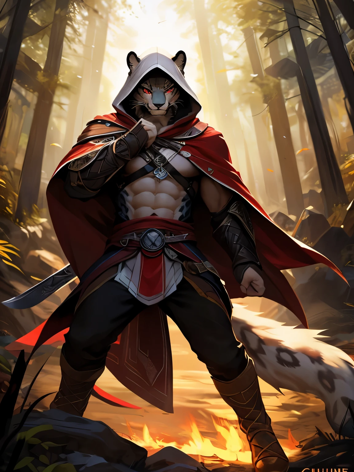 4k, ,8K, A high resolution, best quality, perfect colors, perfect shadows, perfect lighting, posted on e621, (by Chunie), male, furry, Diederich olsen (/knights college/) anthro, ( tail), solo, white fur, Red eyes, (Realistic eye details 1.2), Assassin's creed suit wear, white assassin robe, hidden blades, equip dual hidden blade's, Assassin's Creed style cape, blade's in hand, fighting pose, fighting, in a panoramic view, abs, masterpiece, Slim body, full body like, walking through a burning Rain forest, dramatic lighting, soft lighting, day, highly detail, Hair coiled, a sharp gaze, a gaze of killing intent, fit body, perfect male figure, Detailed fur, Detailed face, (Complex), (Super Detail), (Ultra Clear), (Best Quality)