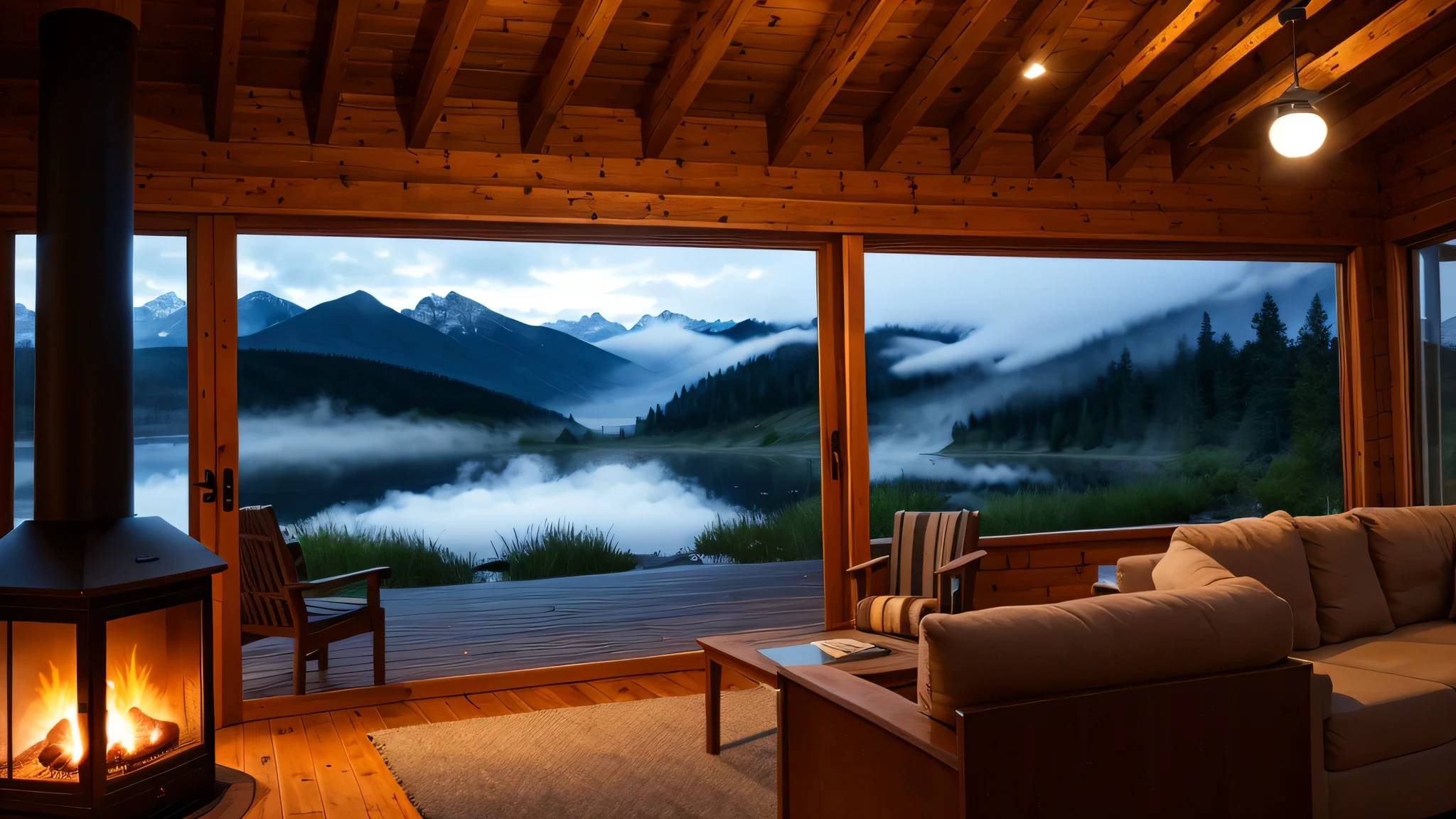 view from inside a wooden house, with fireplace, large glass windows, overlooking a lake, mountains, mild and cold climate, fog, night, HDR, photorealism, quality of masterpiece, best quality, mountains, pond, firefly, dark night, a wooden house, fog