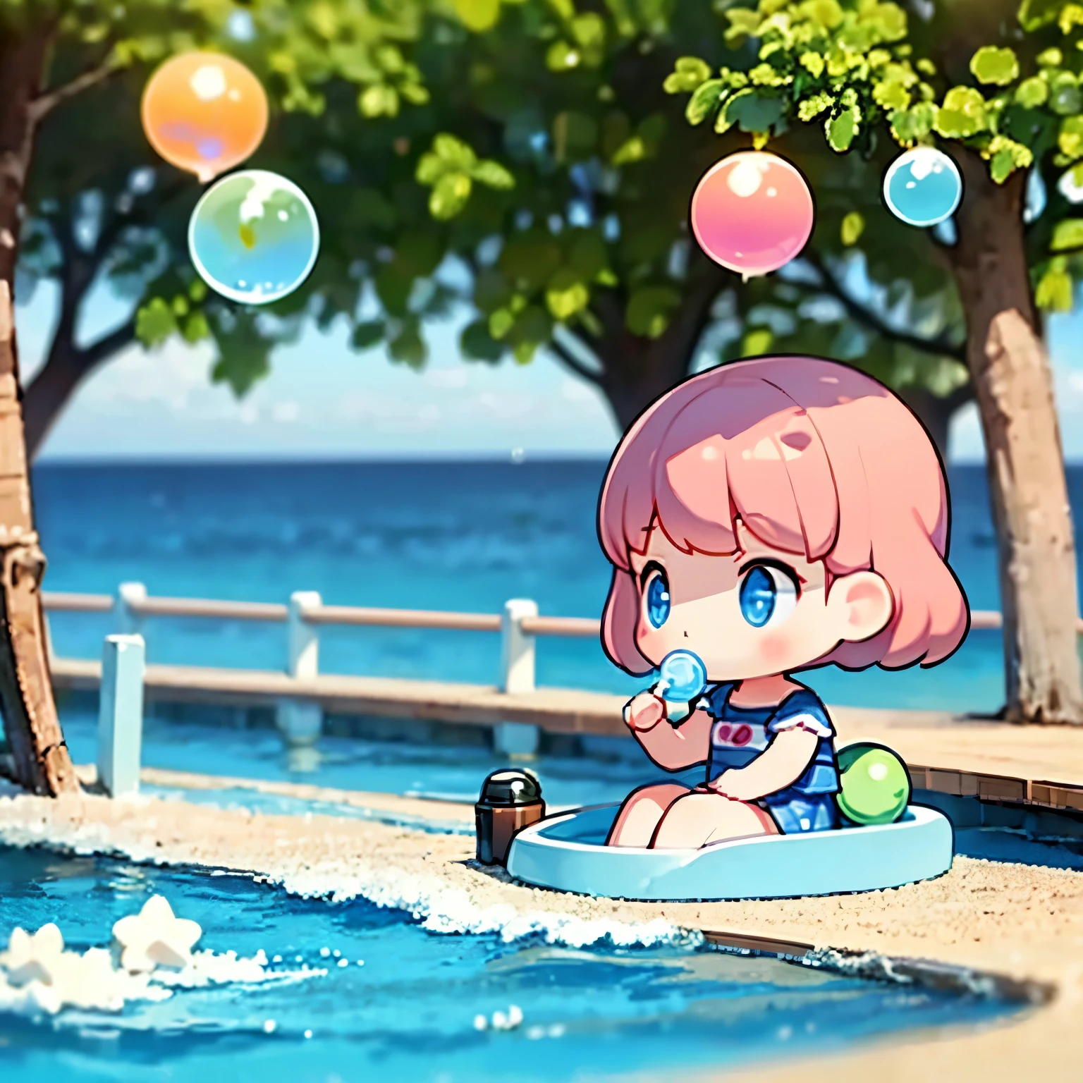 Photoreal、Chibi girl blowing bubbles、seaside park、Lots of soap bubbles