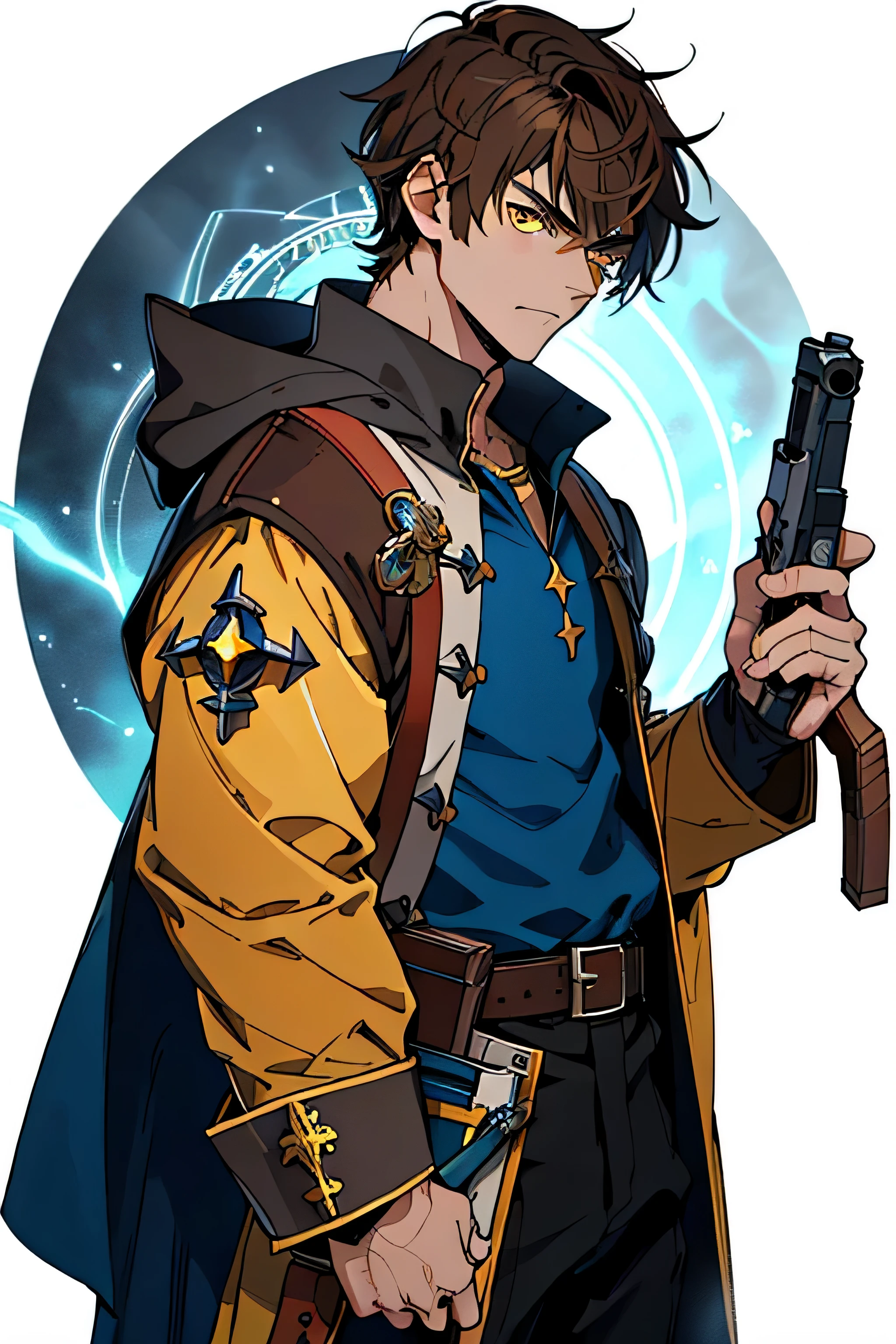 1 boy, wizard, brown hair, yellow eyes, serious face, blue clothes, holding small grimoire and small gun, detailed hands, yellow magical circle background, wizard world background