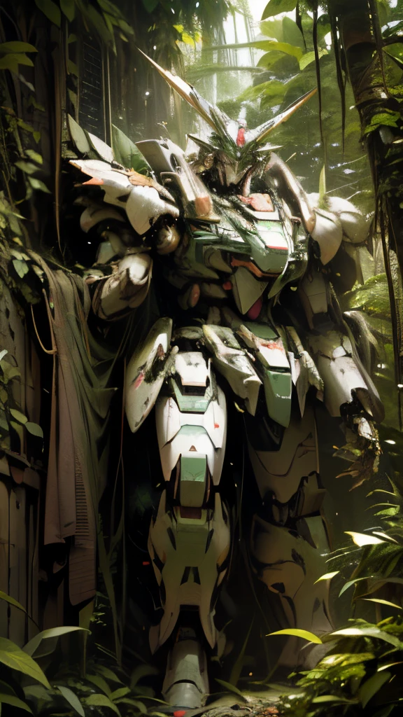 Masterpiece, (damaged Gundam robot:1), fallen, heart of dense jungle, once gleaming metallic surface, now disguised by vines, greenery, ultra high-resolution, RAW photo, every intricate detail, scratches on armor, weathered expressions, full body sight, plants sprouting from shoulders, chest, back, surreal presence, organic and mechanical blend, highest quality, realistic imagery.

In the depths of the Amazon rainforest, an ancient and weathered Gundam robot lies in ruin, its once proud and polished exterior now swallowed by the lush green foliage. The high-definition, RAW image reveals every nook